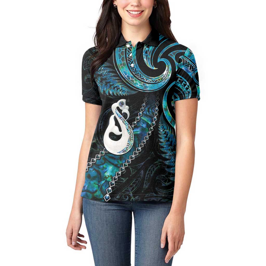 New Zealand Aotearoa Women Polo Shirt Maori Manaia Paua Shell Glitter Turquoise