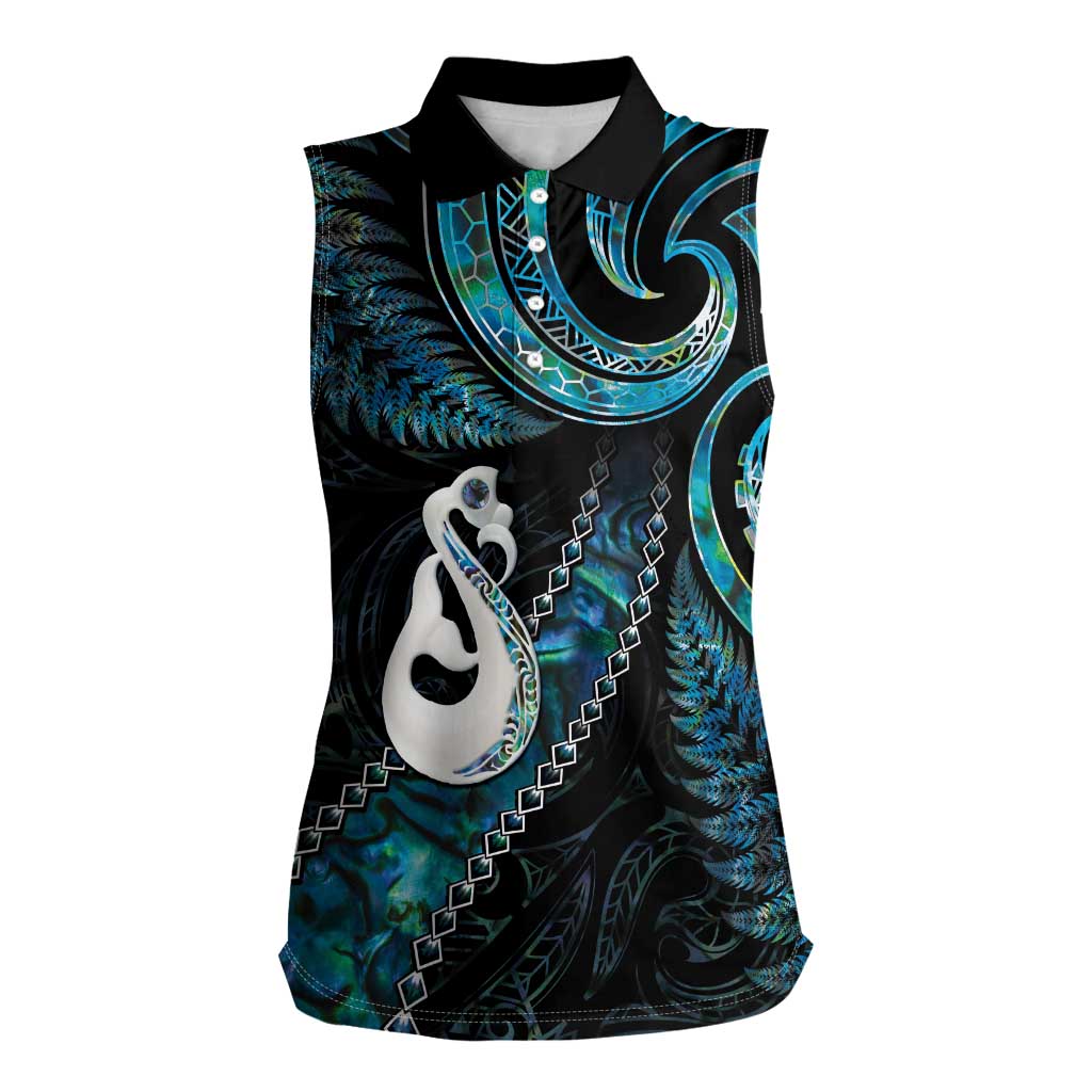 New Zealand Aotearoa Women Sleeveless Polo Shirt Maori Manaia Paua Shell Glitter Turquoise