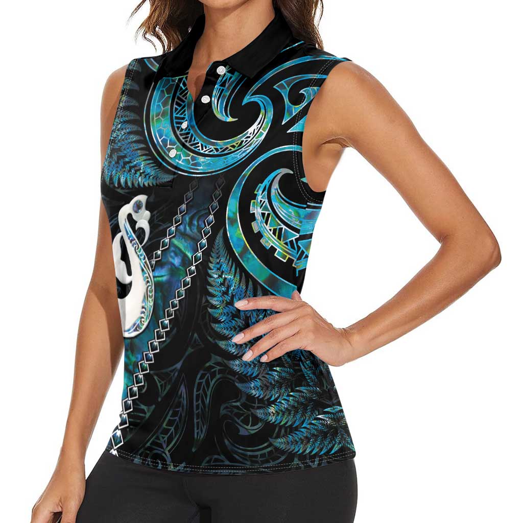 New Zealand Aotearoa Women Sleeveless Polo Shirt Maori Manaia Paua Shell Glitter Turquoise