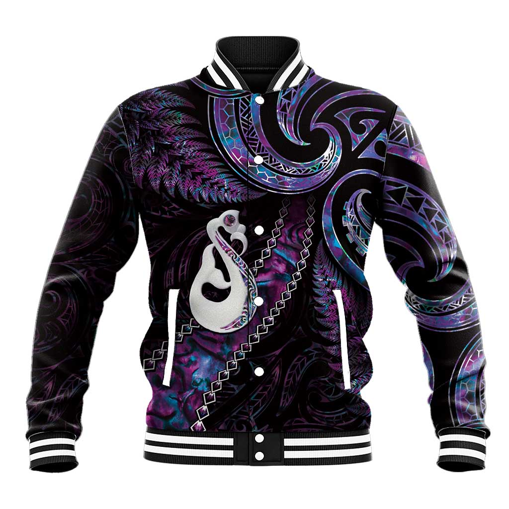 New Zealand Aotearoa Baseball Jacket Maori Manaia Paua Shell Glitter Purple