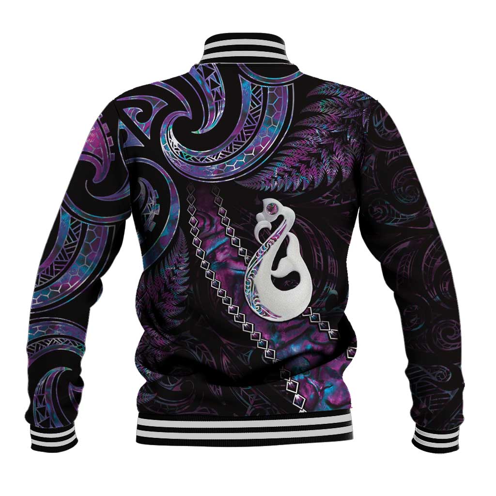 New Zealand Aotearoa Baseball Jacket Maori Manaia Paua Shell Glitter Purple