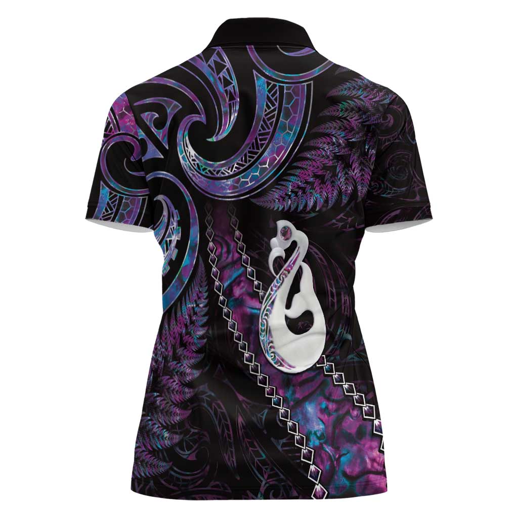 New Zealand Aotearoa Women Polo Shirt Maori Manaia Paua Shell Glitter Purple