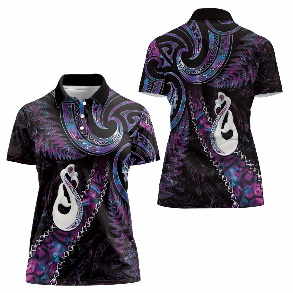 New Zealand Aotearoa Women Polo Shirt Maori Manaia Paua Shell Glitter Purple