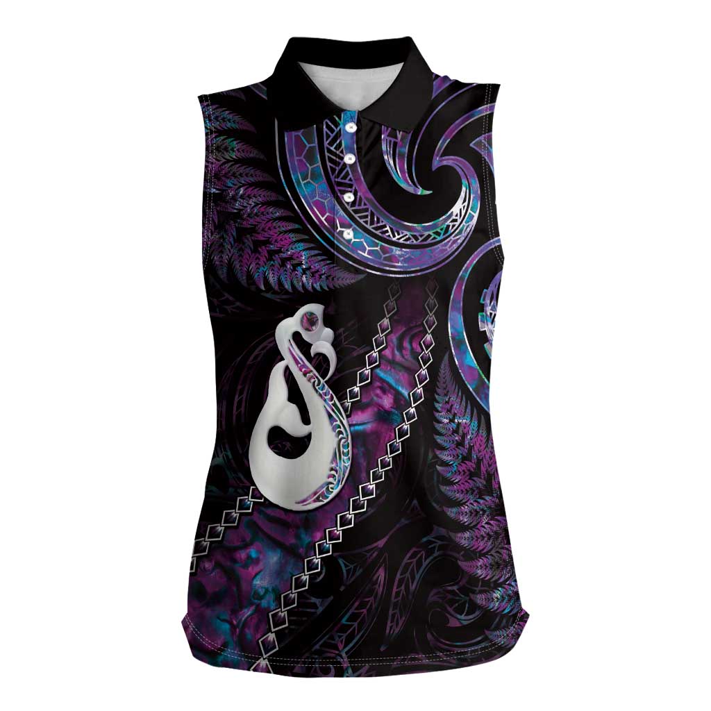 New Zealand Aotearoa Women Sleeveless Polo Shirt Maori Manaia Paua Shell Glitter Purple