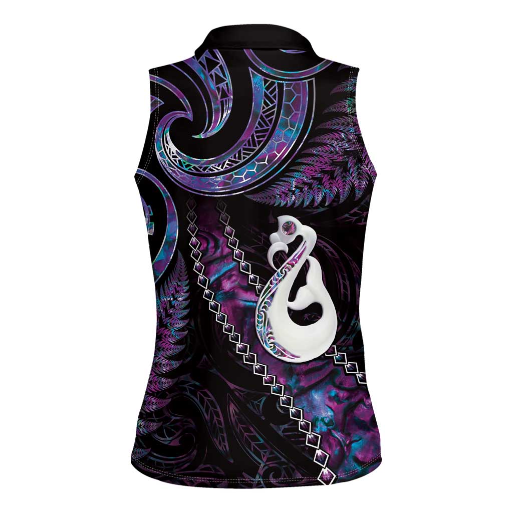 New Zealand Aotearoa Women Sleeveless Polo Shirt Maori Manaia Paua Shell Glitter Purple