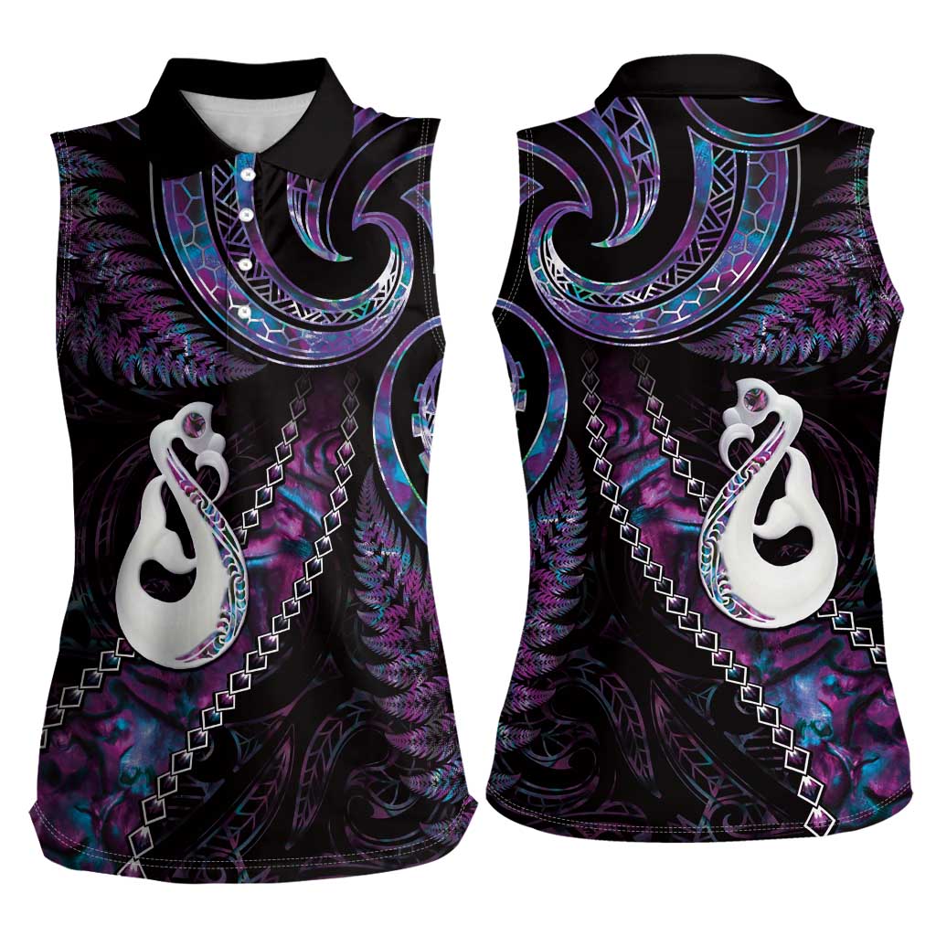 New Zealand Aotearoa Women Sleeveless Polo Shirt Maori Manaia Paua Shell Glitter Purple