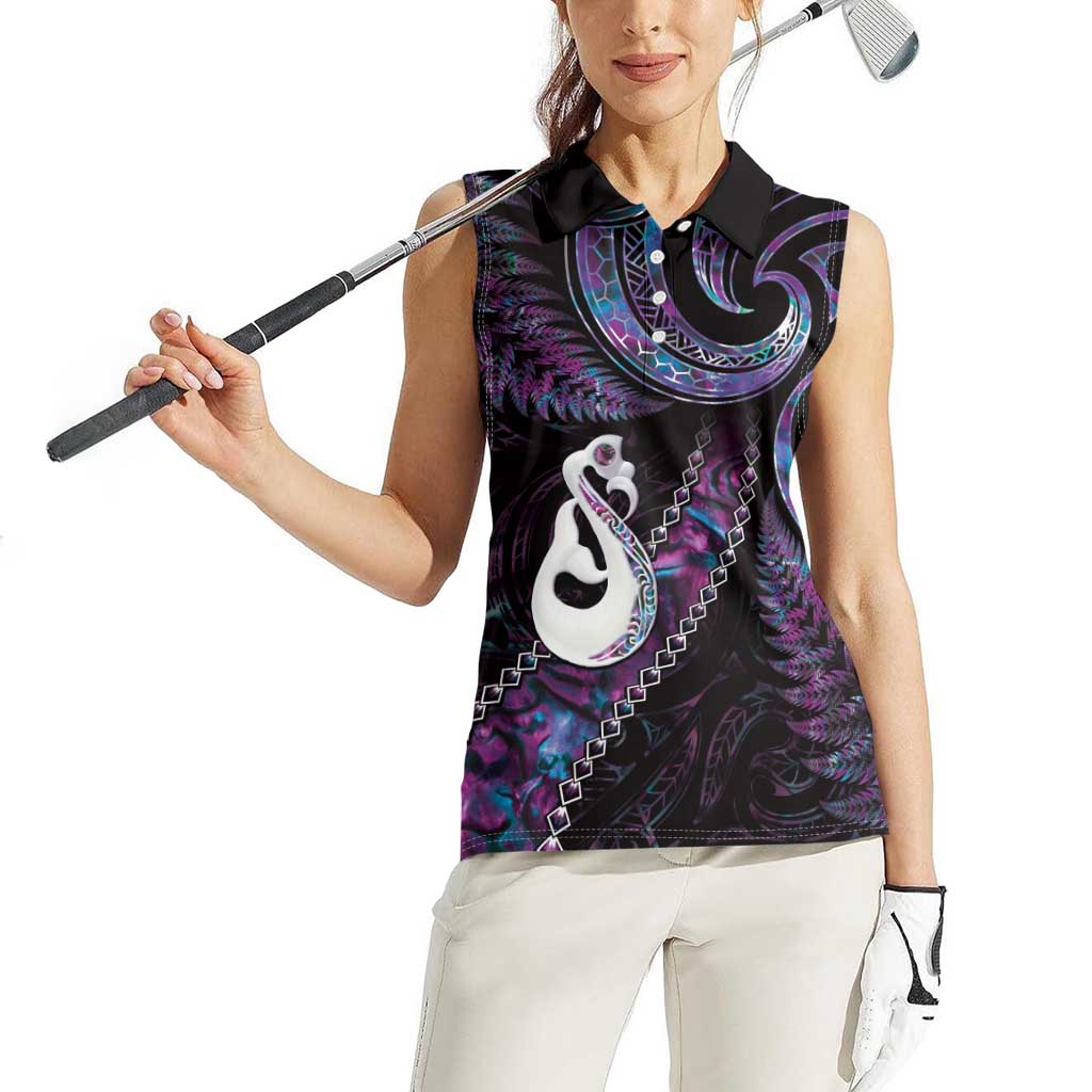 New Zealand Aotearoa Women Sleeveless Polo Shirt Maori Manaia Paua Shell Glitter Purple