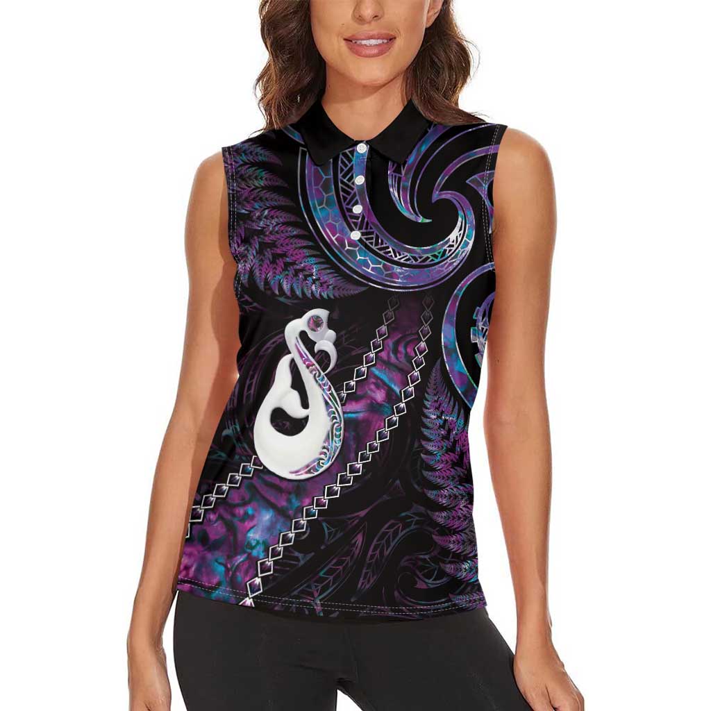 New Zealand Aotearoa Women Sleeveless Polo Shirt Maori Manaia Paua Shell Glitter Purple