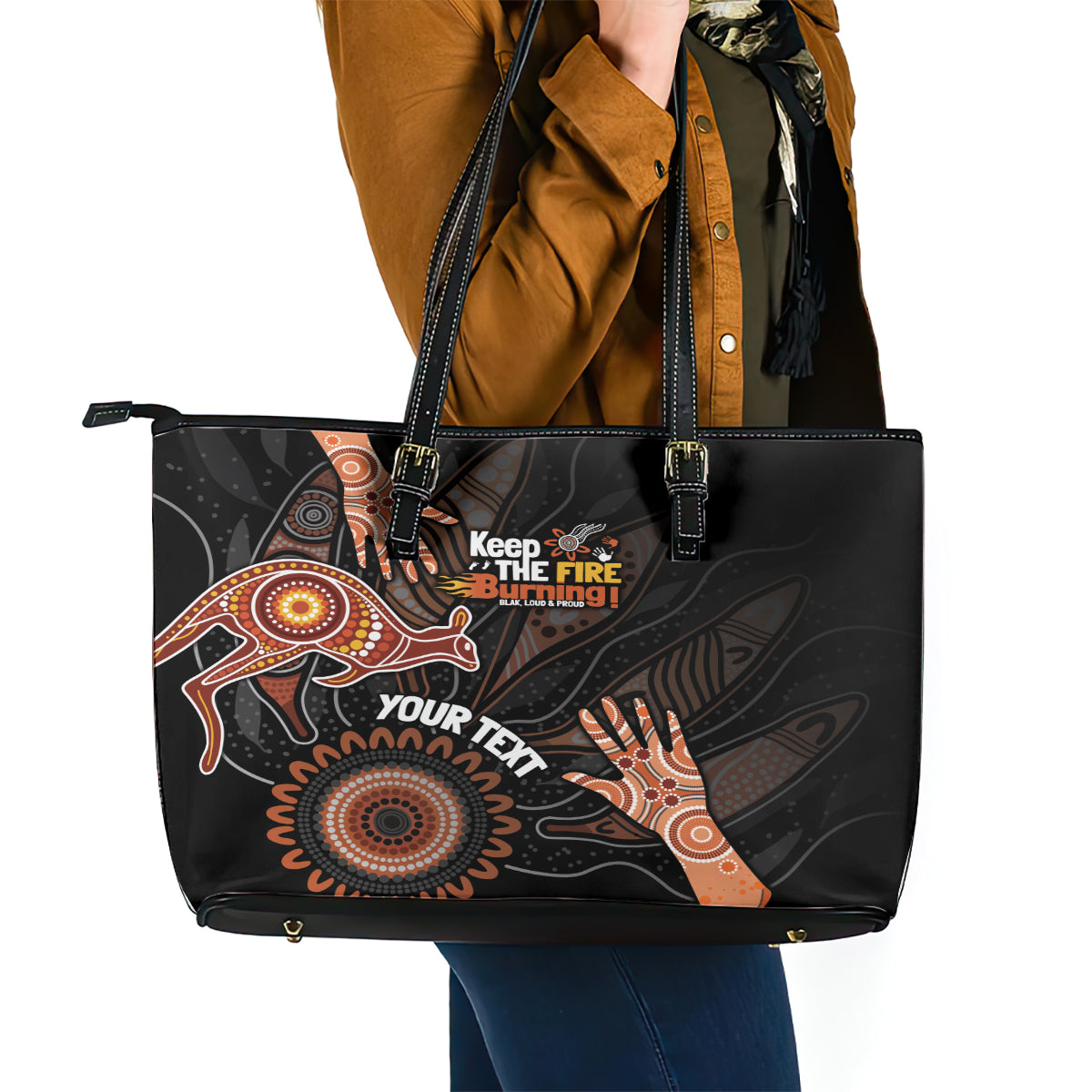 NAIDOC Week 2024 Personalised Leather Tote Bag Aboriginal Hand Stencils