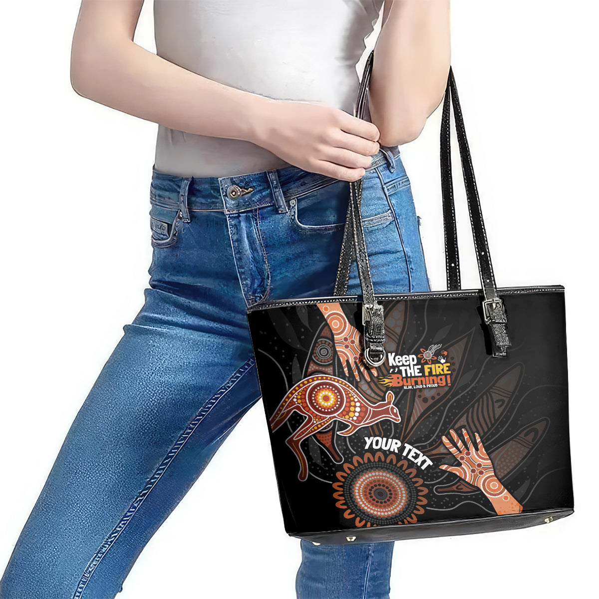 NAIDOC Week 2024 Personalised Leather Tote Bag Aboriginal Hand Stencils