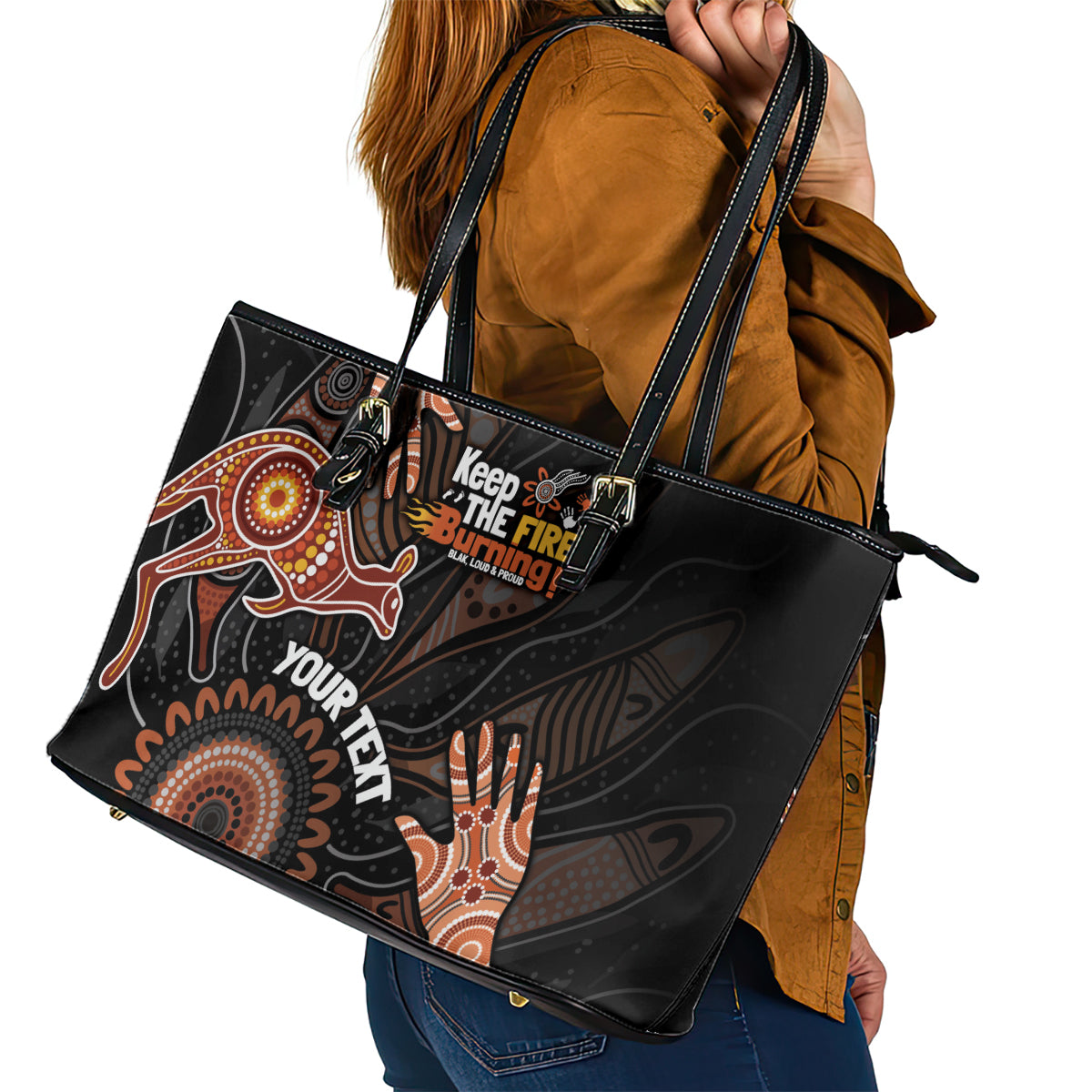 NAIDOC Week 2024 Personalised Leather Tote Bag Aboriginal Hand Stencils