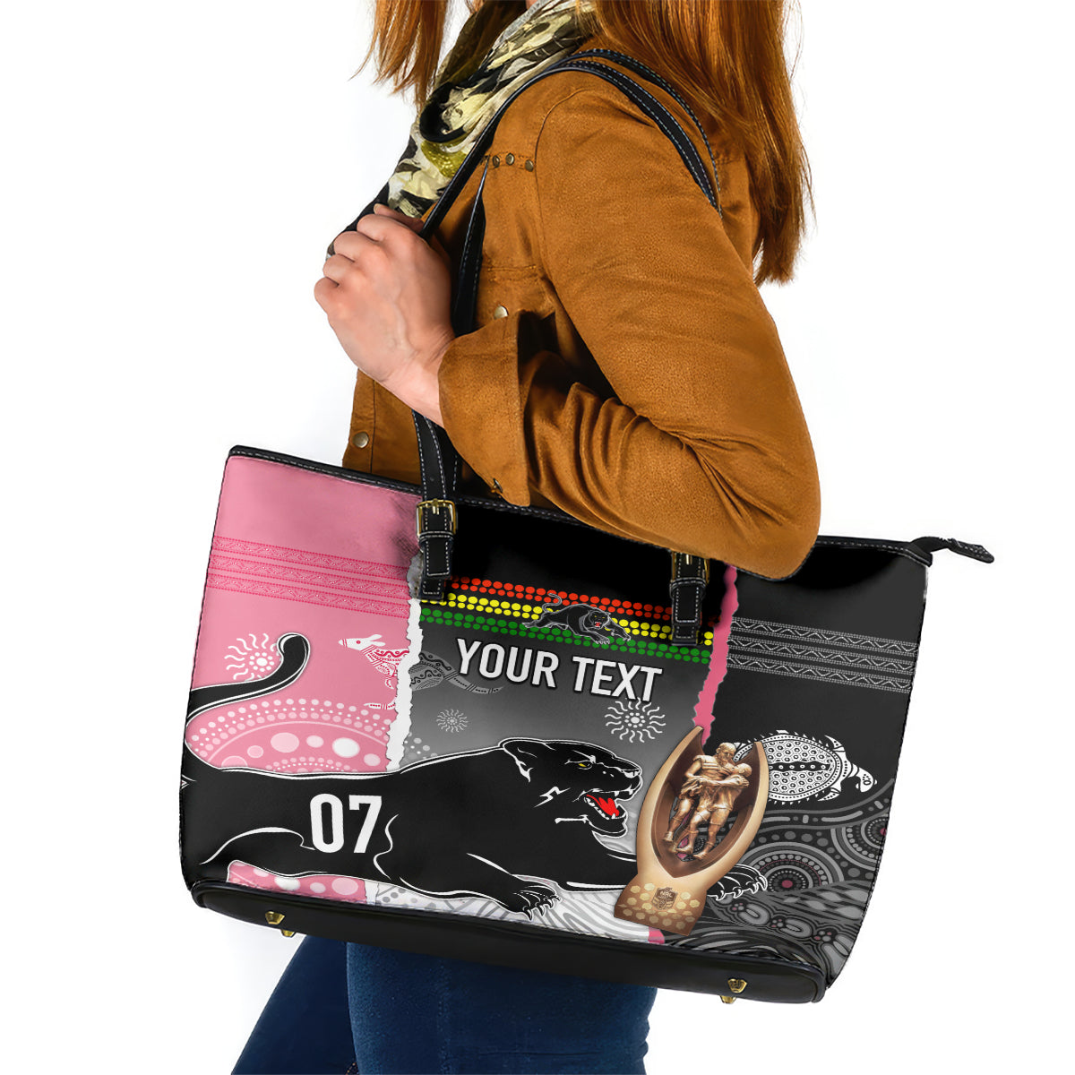 personalised-panther-rugby-nrl-premiers-leather-tote-bag-panther-pride-black-pink-aboriginal-mix-art