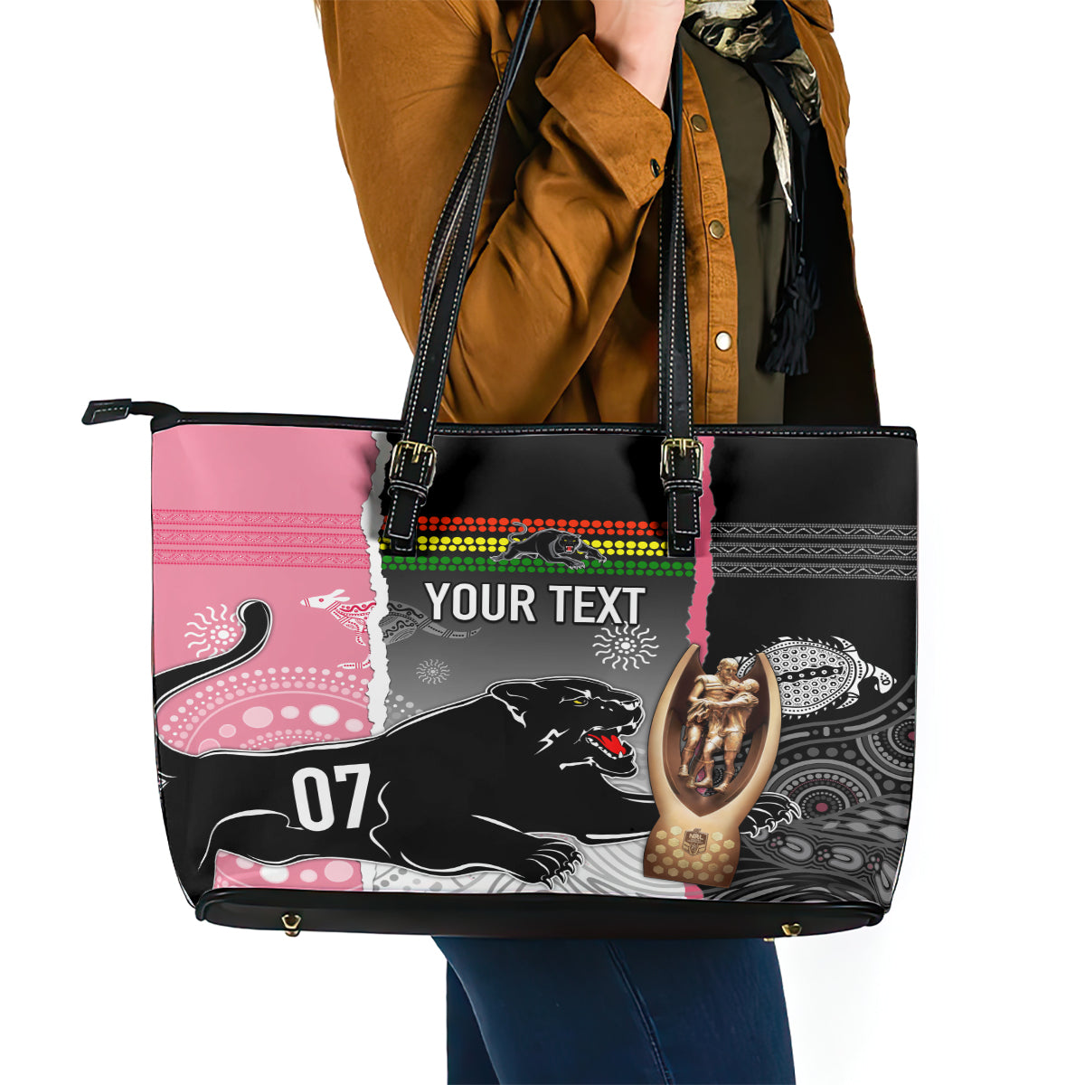 personalised-panther-rugby-nrl-premiers-leather-tote-bag-panther-pride-black-pink-aboriginal-mix-art