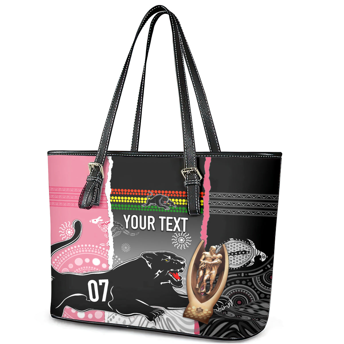 personalised-panther-rugby-nrl-premiers-leather-tote-bag-panther-pride-black-pink-aboriginal-mix-art