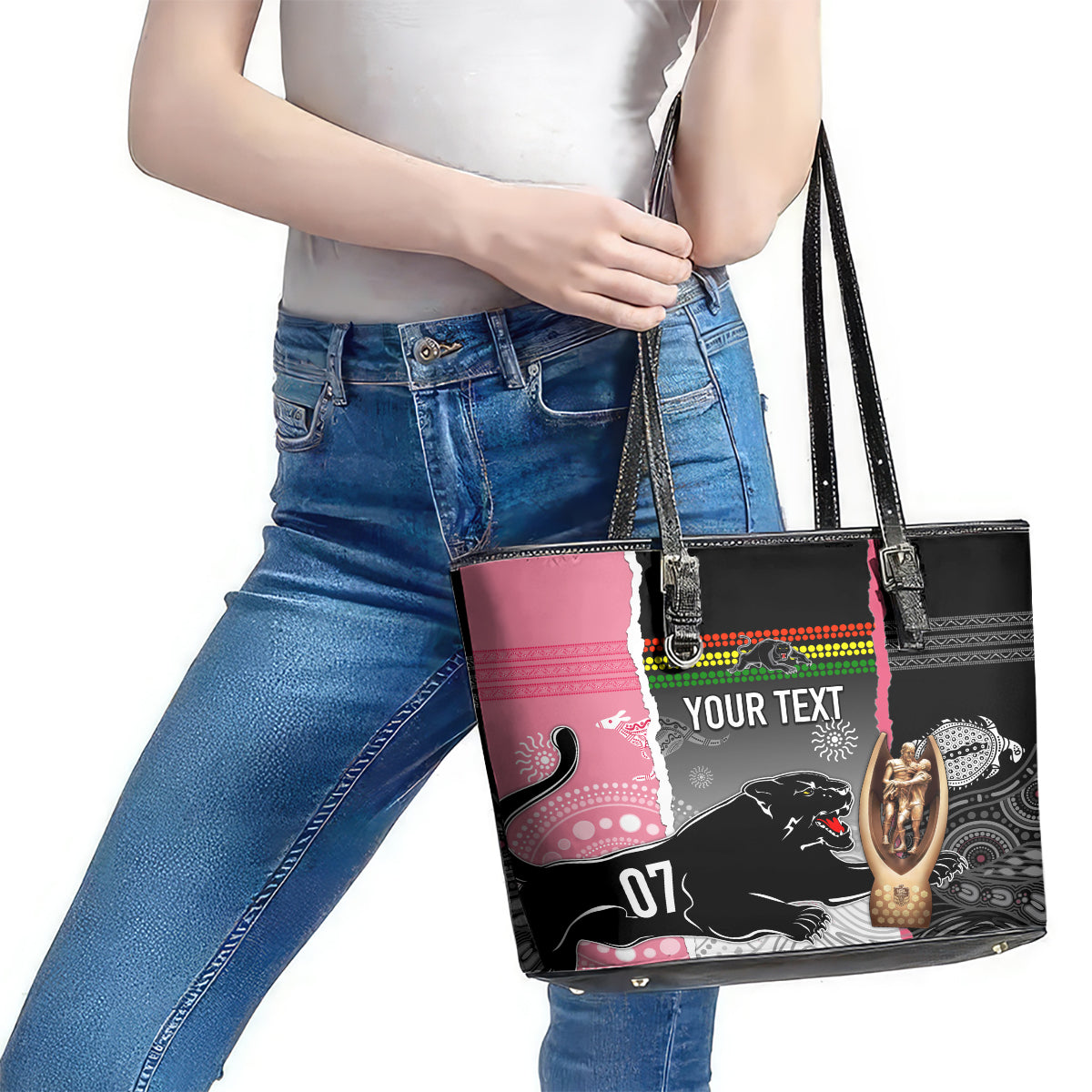 personalised-panther-rugby-nrl-premiers-leather-tote-bag-panther-pride-black-pink-aboriginal-mix-art