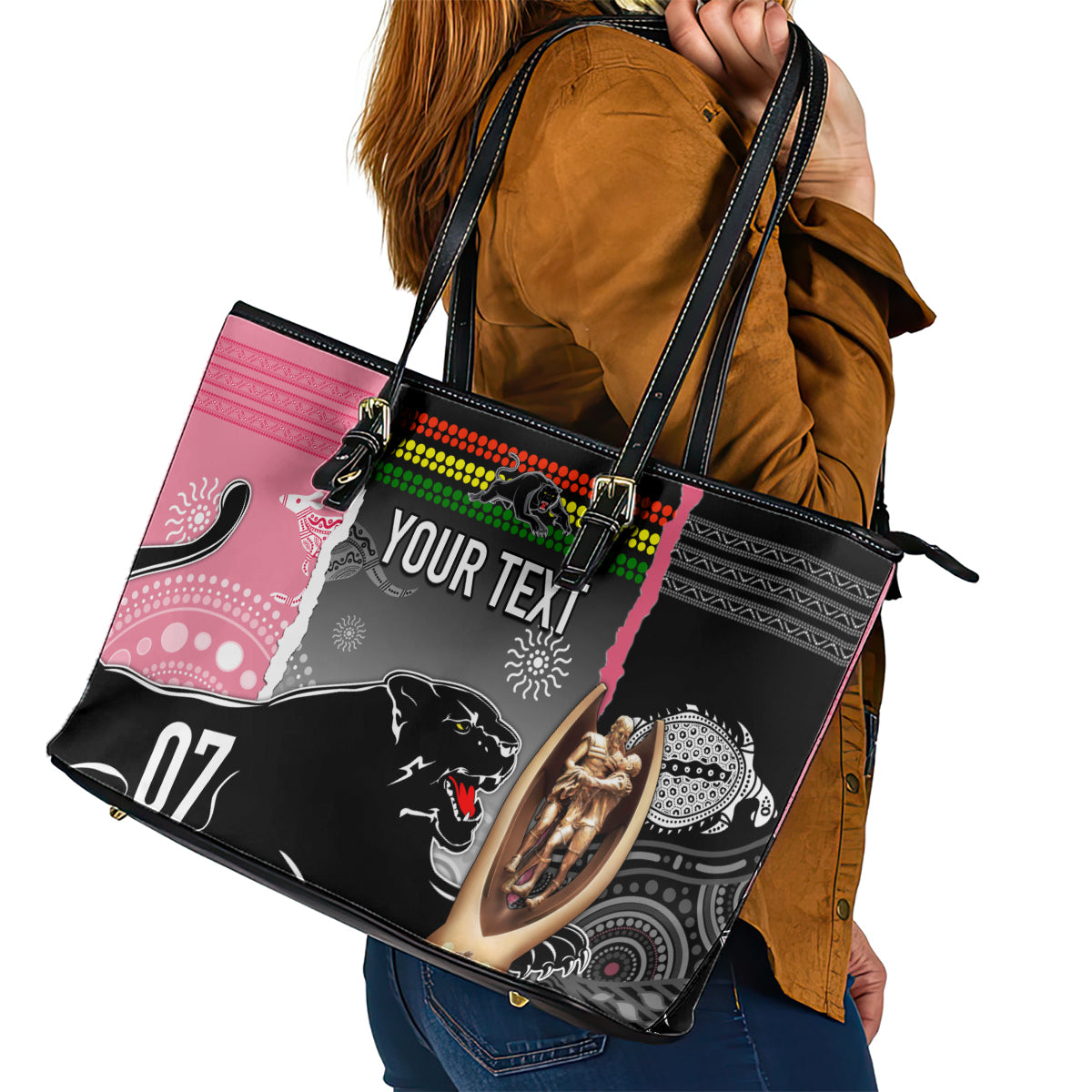 personalised-panther-rugby-nrl-premiers-leather-tote-bag-panther-pride-black-pink-aboriginal-mix-art