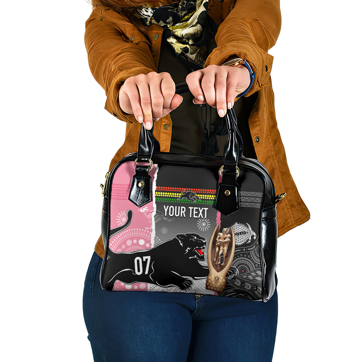 personalised-panther-rugby-nrl-premiers-shoulder-handbag-panther-pride-black-pink-aboriginal-mix-art