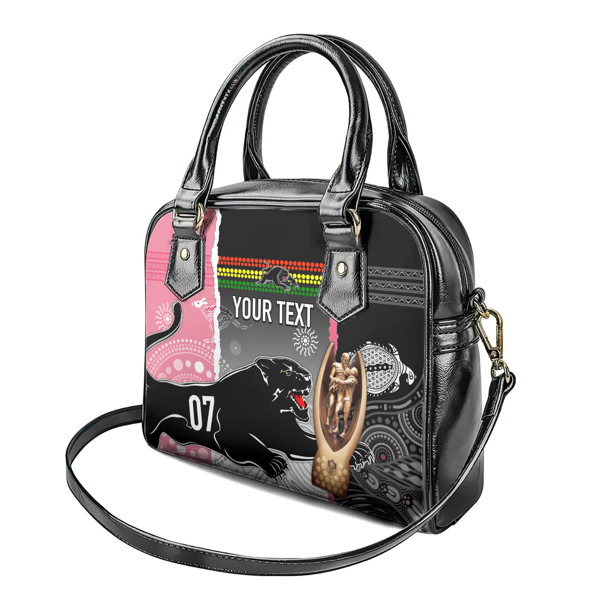 personalised-panther-rugby-nrl-premiers-shoulder-handbag-panther-pride-black-pink-aboriginal-mix-art