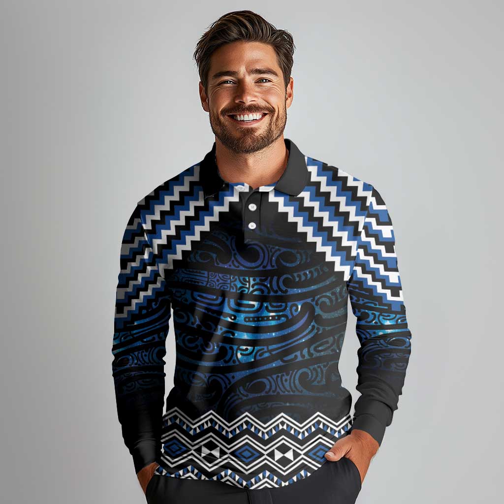 New Zealand Matariki Long Sleeve Polo Shirt Galaxy Styled Taniko