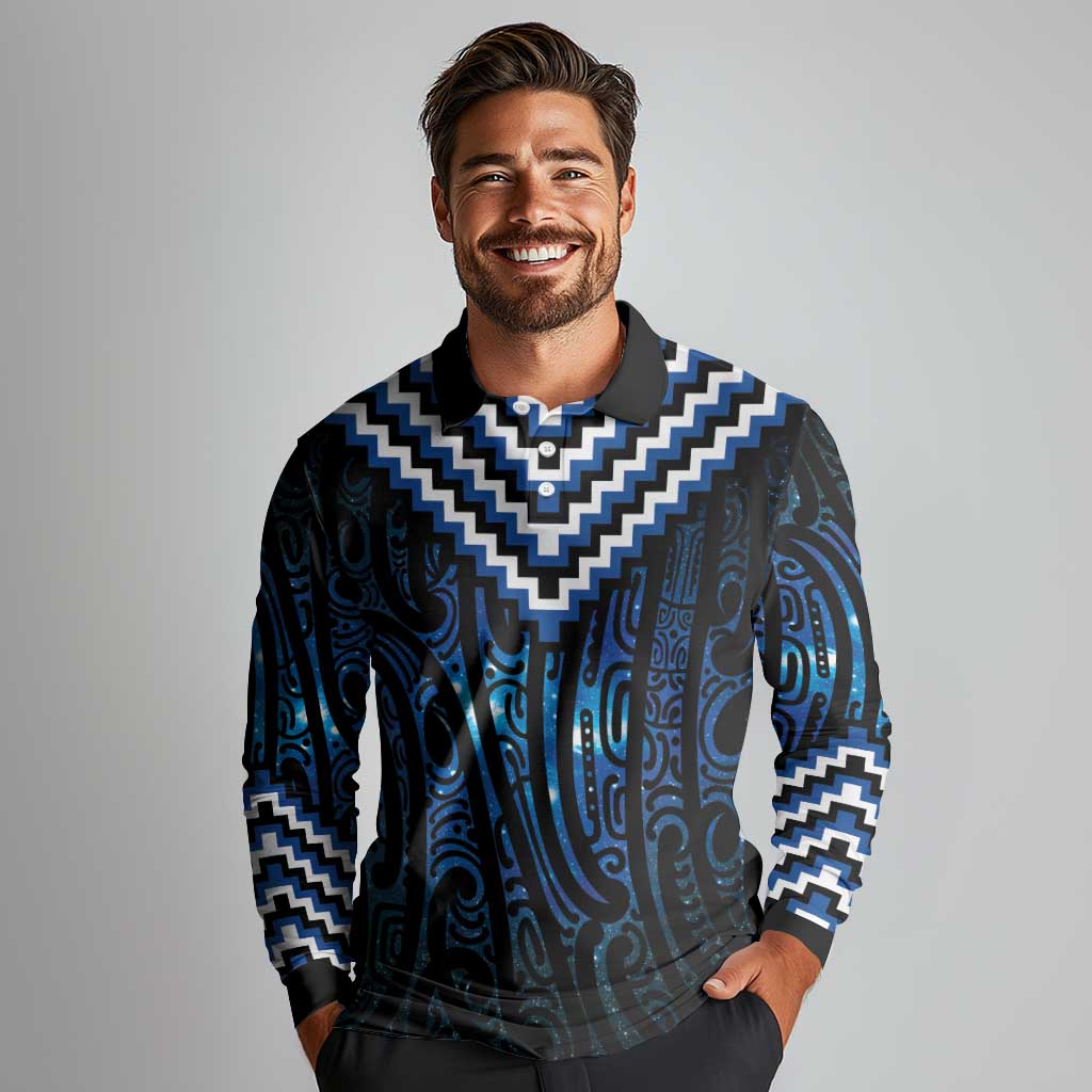 New Zealand Matariki Long Sleeve Polo Shirt Galaxy Poutama Motifs