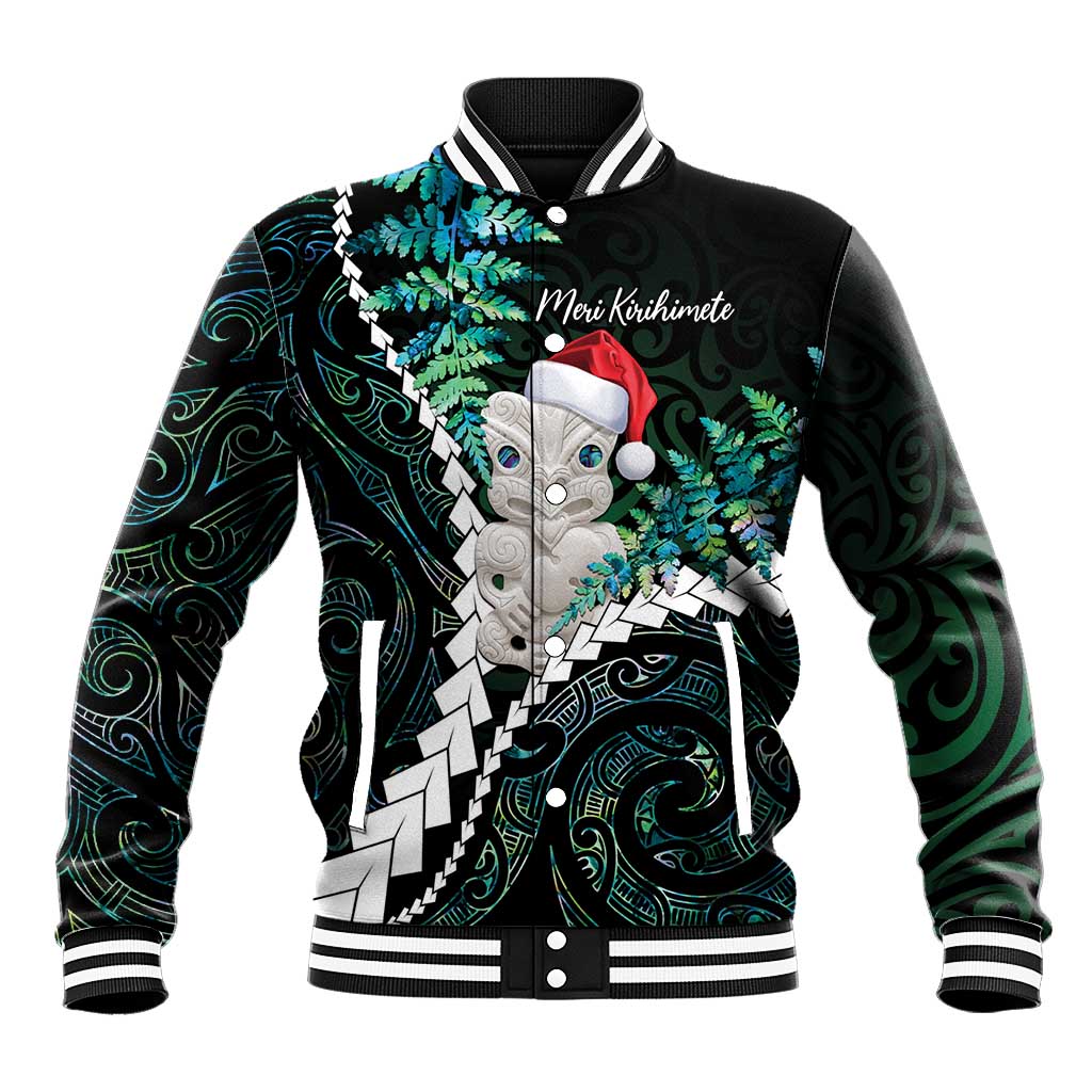 New Zealand Personalised Baseball Jacket Meri Kirihimete Kowhaiwhai Mix Paua Shell - Emerald