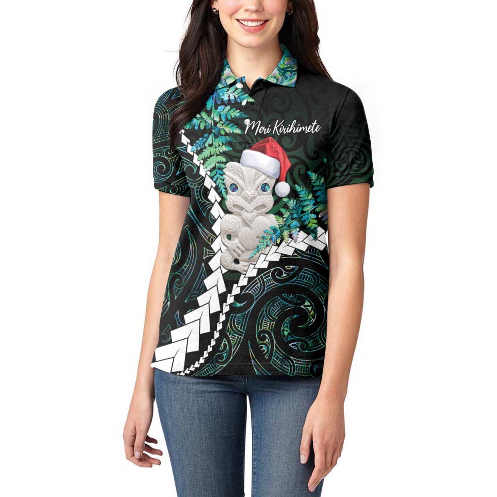 New Zealand Personalised Women Polo Shirt Meri Kirihimete Kowhaiwhai Mix Paua Shell - Emerald