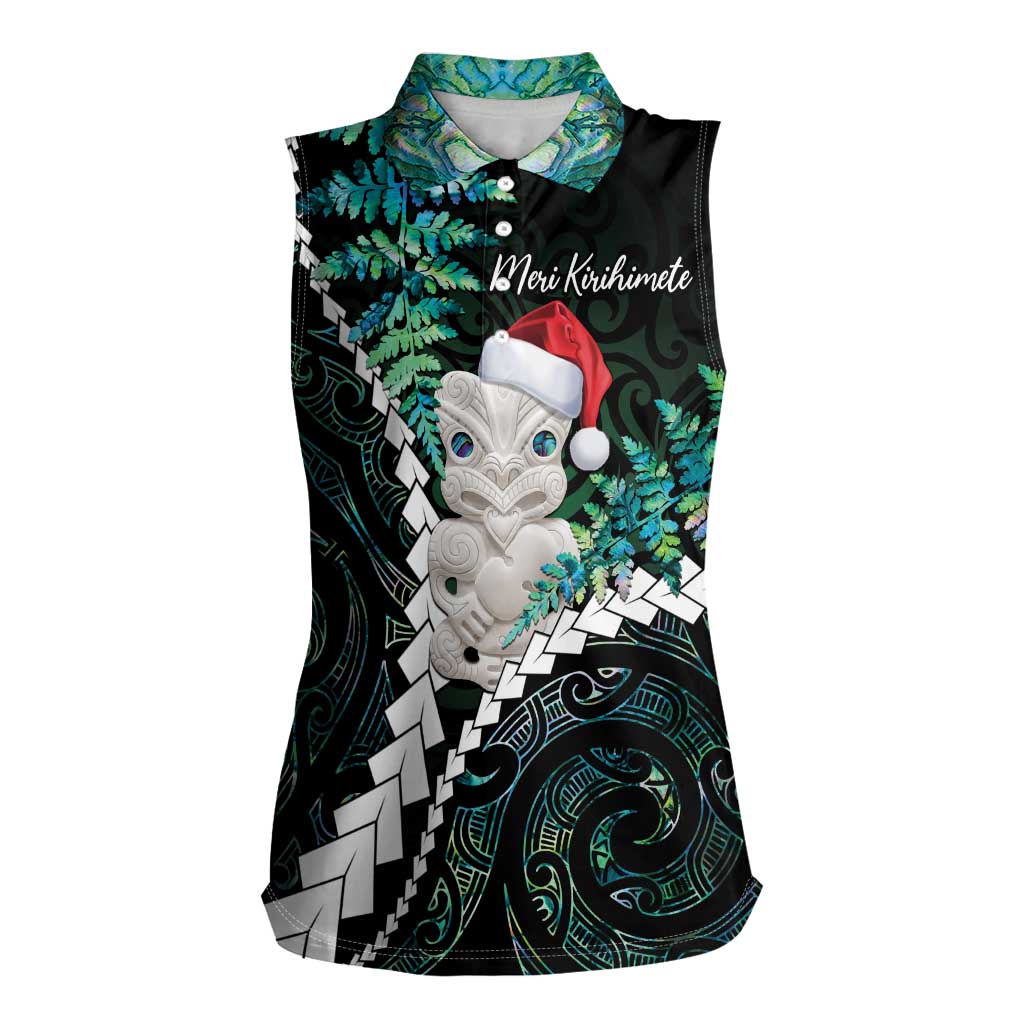 New Zealand Personalised Women Sleeveless Polo Shirt Meri Kirihimete Kowhaiwhai Mix Paua Shell - Emerald