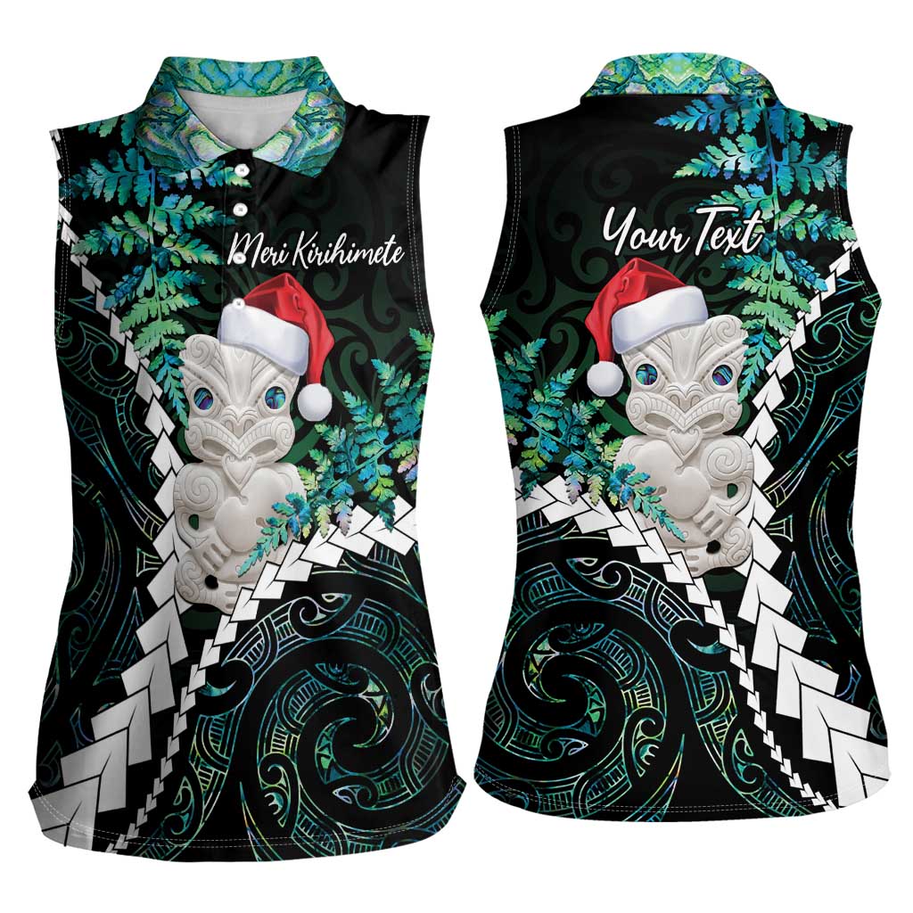 New Zealand Personalised Women Sleeveless Polo Shirt Meri Kirihimete Kowhaiwhai Mix Paua Shell - Emerald