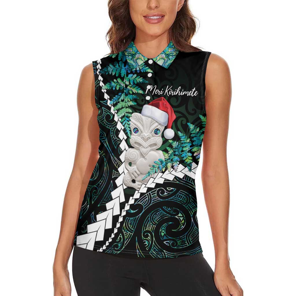 New Zealand Personalised Women Sleeveless Polo Shirt Meri Kirihimete Kowhaiwhai Mix Paua Shell - Emerald