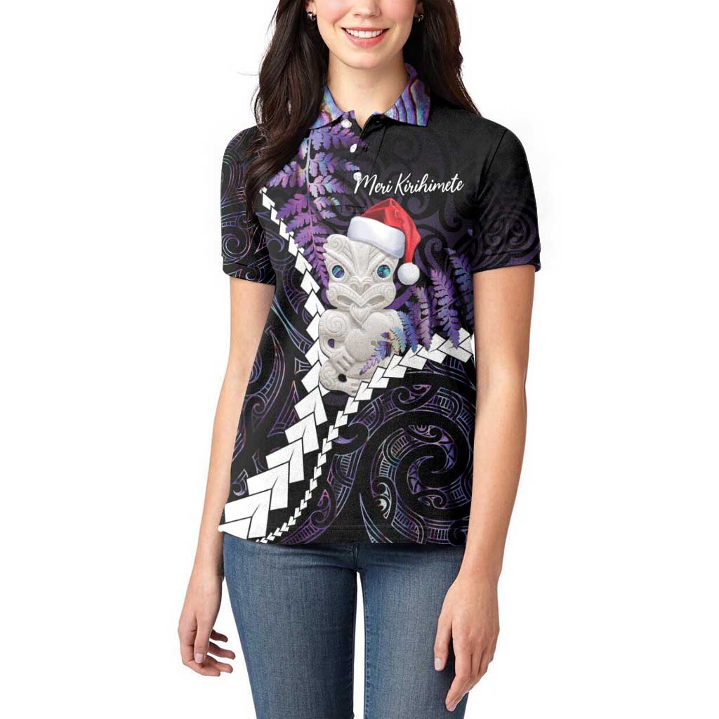 New Zealand Personalised Women Polo Shirt Meri Kirihimete Kowhaiwhai Mix Paua Shell - Amethys