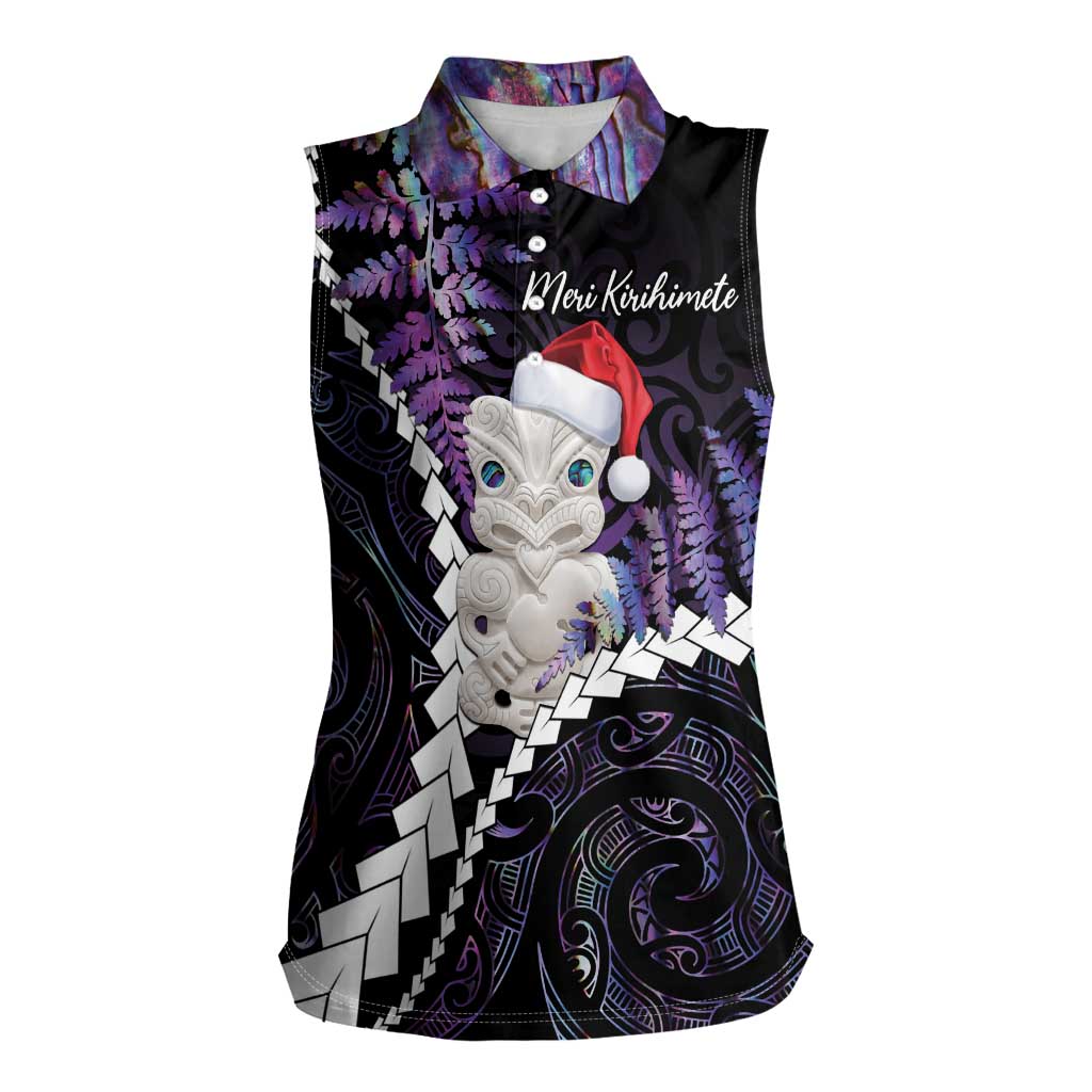 New Zealand Personalised Women Sleeveless Polo Shirt Meri Kirihimete Kowhaiwhai Mix Paua Shell - Amethys