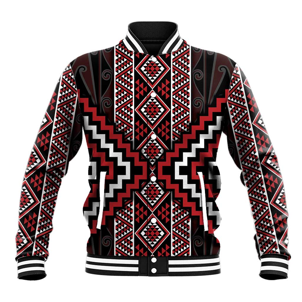 Red Tukutuku Pattern Aotearoa Baseball Jacket Niho Taniwha and Puhoro Motifs