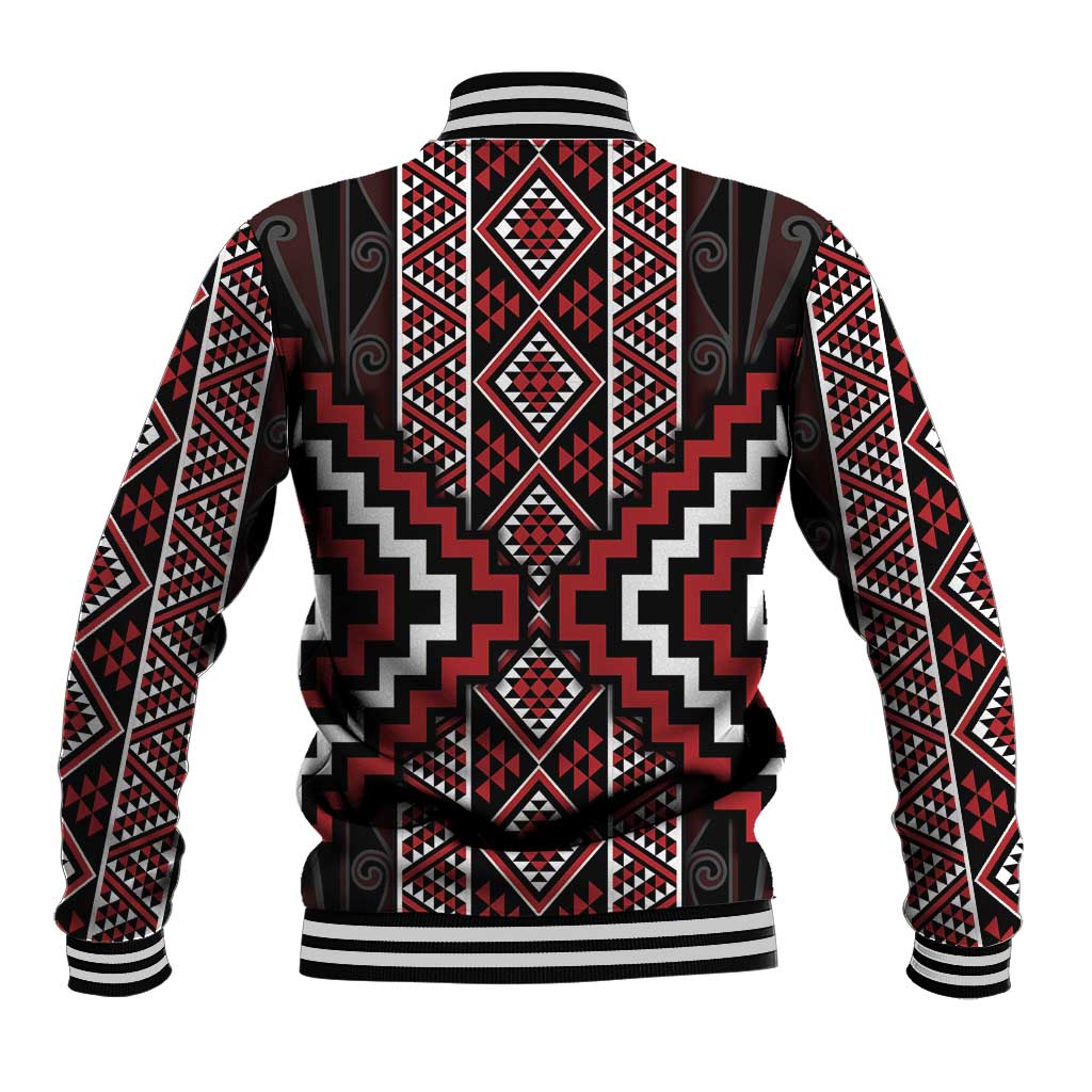 Red Tukutuku Pattern Aotearoa Baseball Jacket Niho Taniwha and Puhoro Motifs