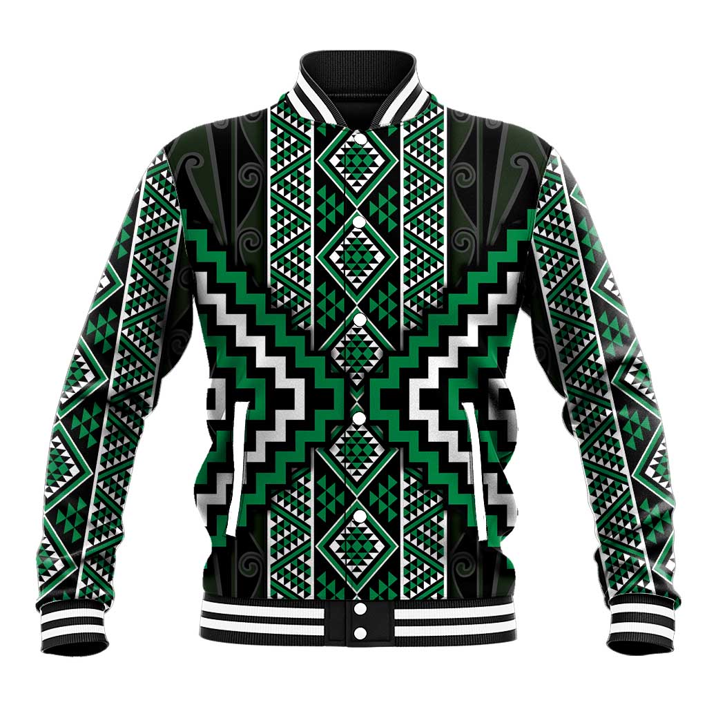 Jade Tukutuku Pattern Aotearoa Baseball Jacket Niho Taniwha and Puhoro Motifs