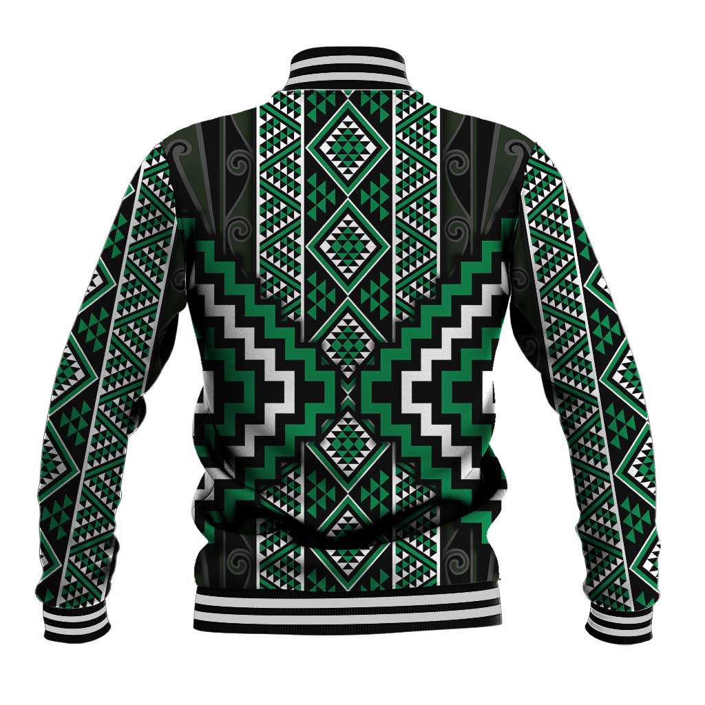 Jade Tukutuku Pattern Aotearoa Baseball Jacket Niho Taniwha and Puhoro Motifs