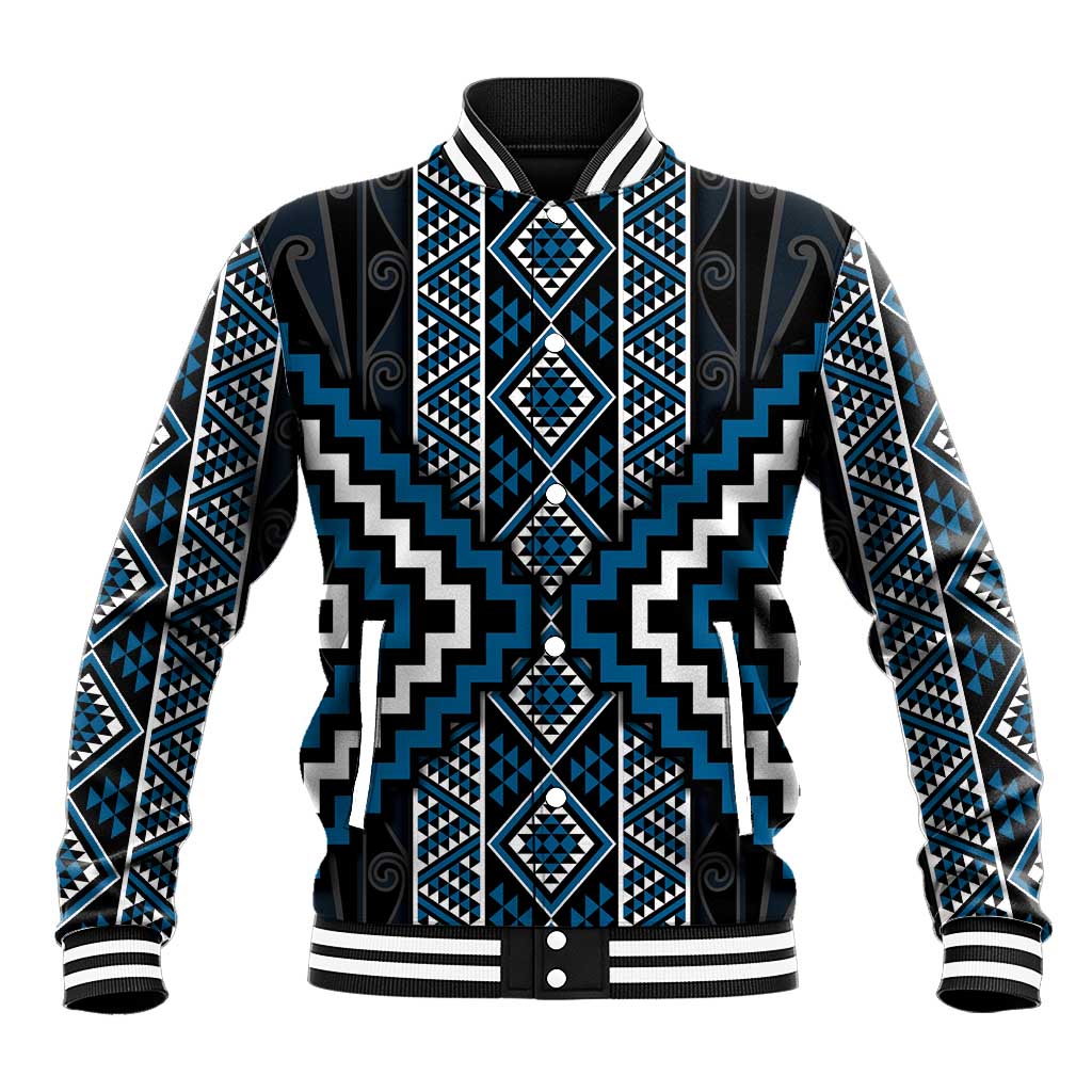 Azure Tukutuku Pattern Aotearoa Baseball Jacket Niho Taniwha and Puhoro Motifs