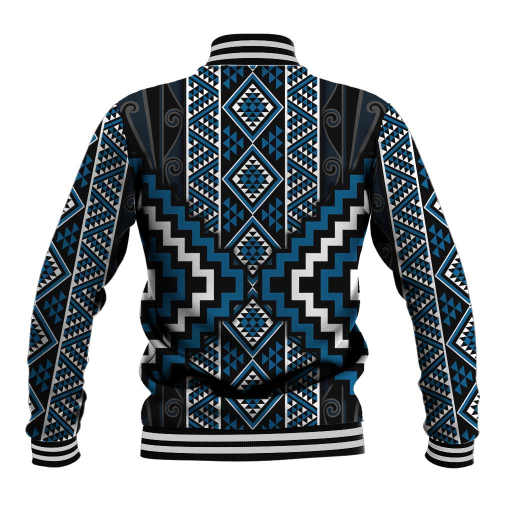 Azure Tukutuku Pattern Aotearoa Baseball Jacket Niho Taniwha and Puhoro Motifs