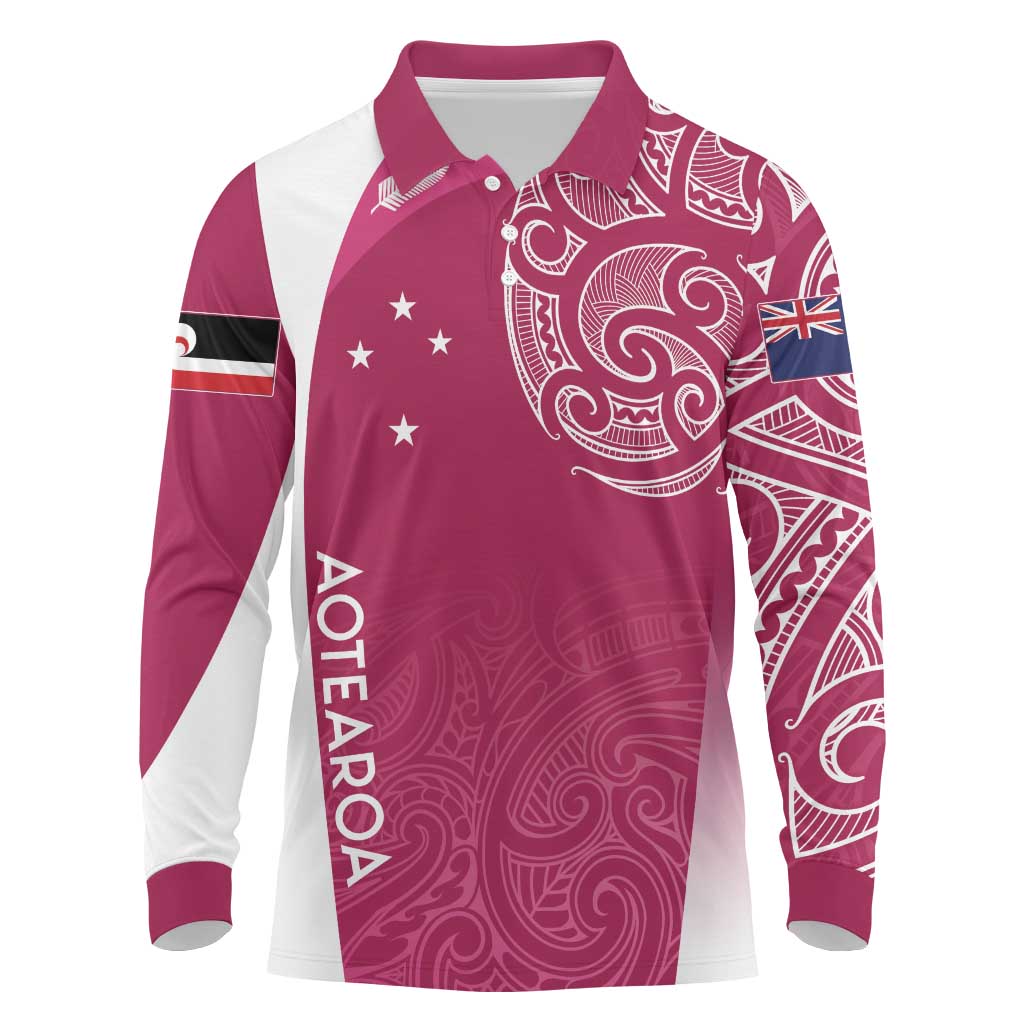 Personalised New Zealand Rugby Long Sleeve Polo Shirt Aotearoa Champions - Pink Version