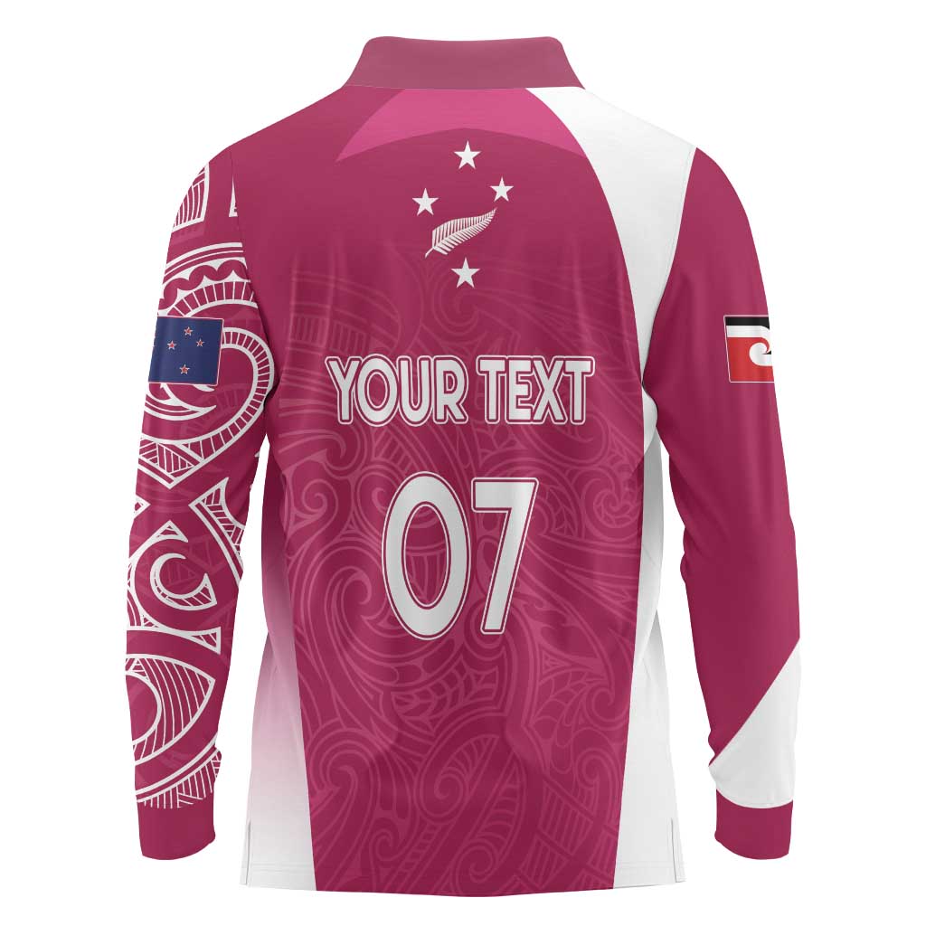 Personalised New Zealand Rugby Long Sleeve Polo Shirt Aotearoa Champions - Pink Version