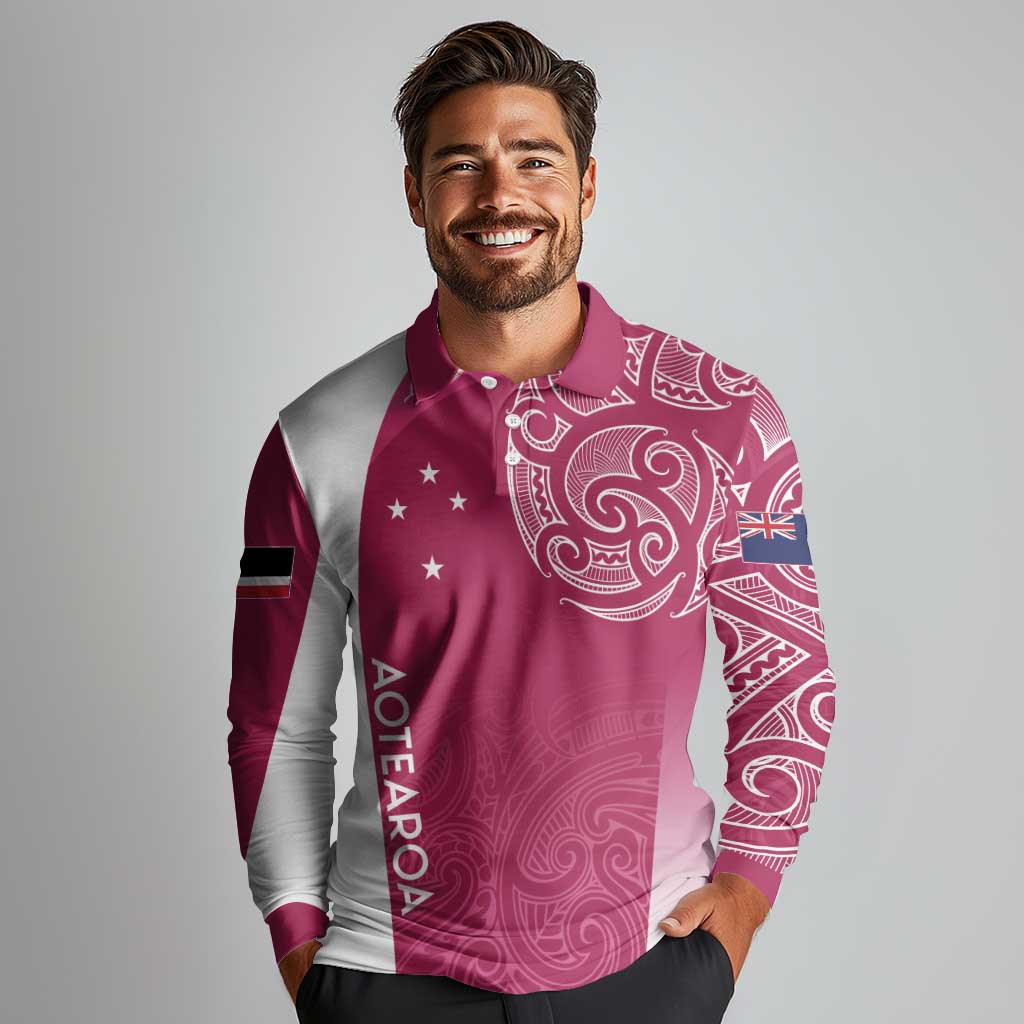 Personalised New Zealand Rugby Long Sleeve Polo Shirt Aotearoa Champions - Pink Version