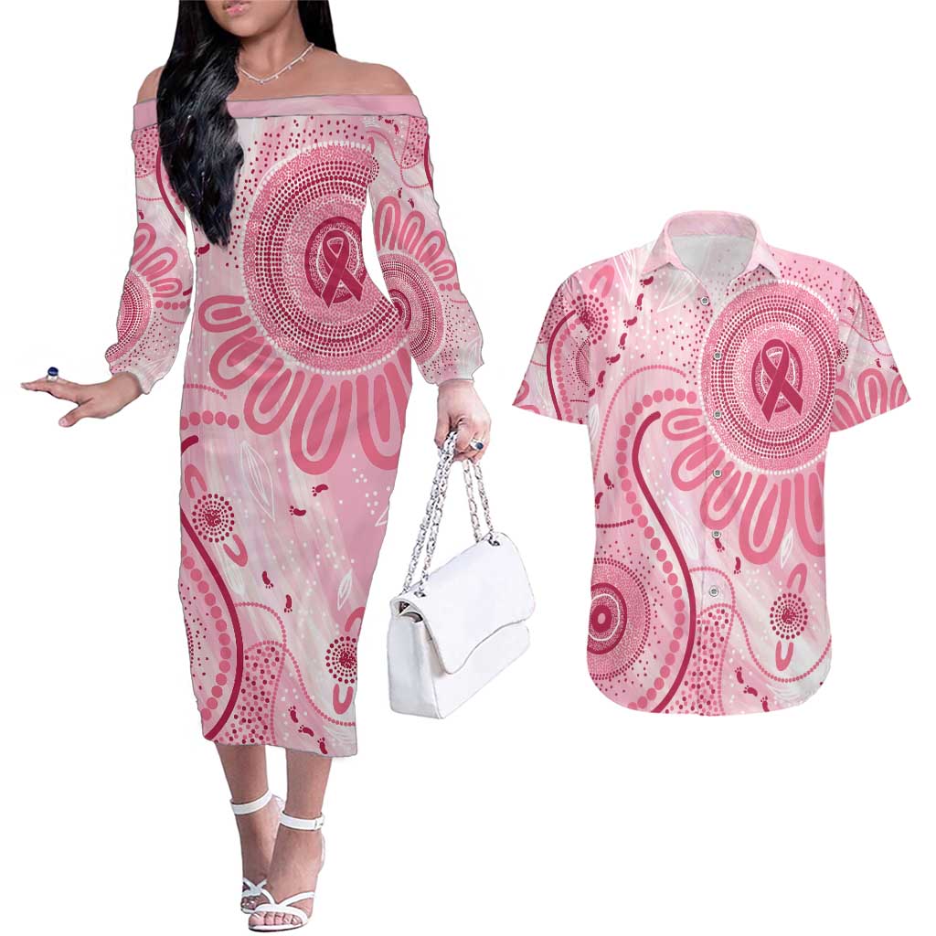 NAIDOC Week 2025 Indigenous Couples Matching Off The Shoulder Long Sleeve Dress and Hawaiian Shirt Breast Cancer Pink Ribbon