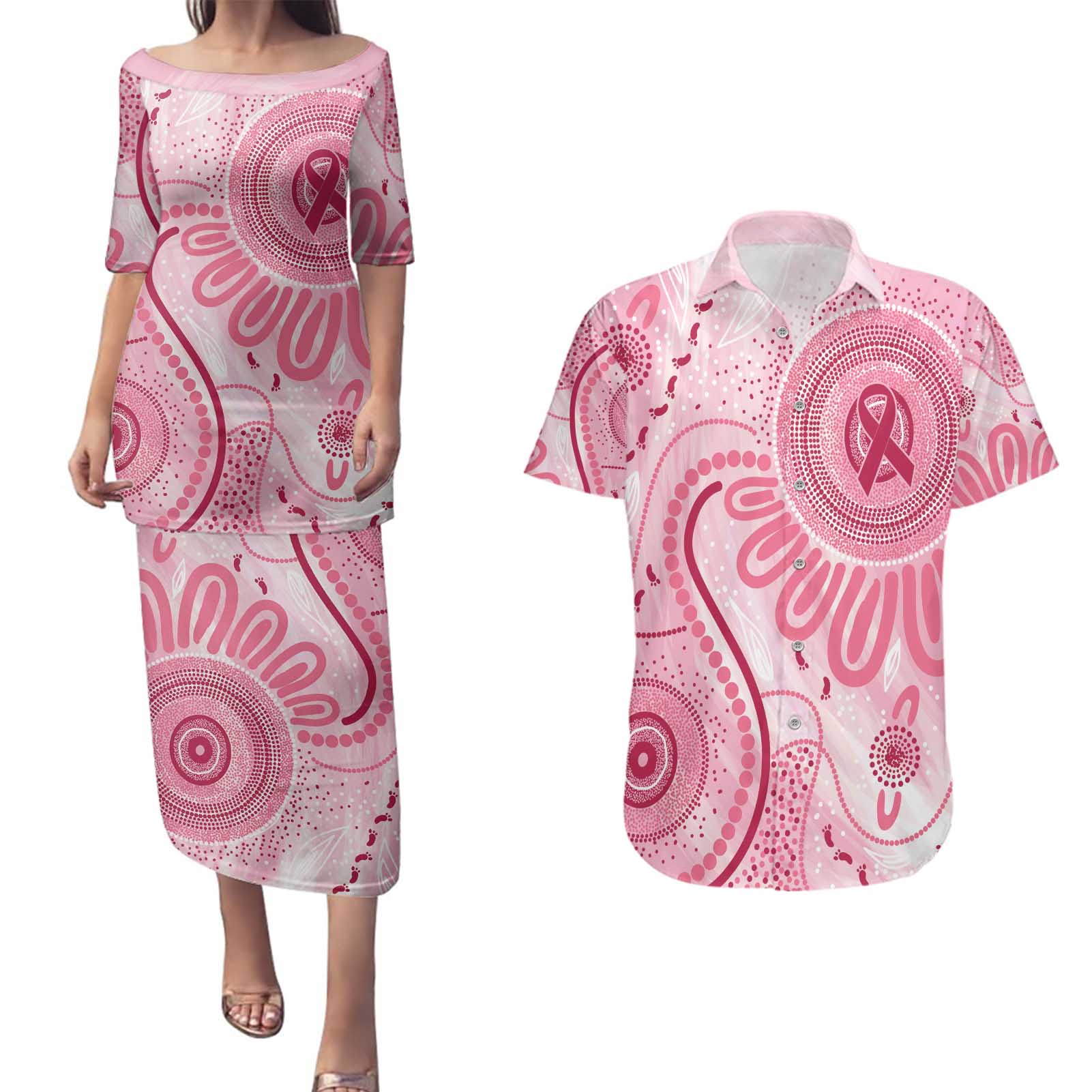 NAIDOC Week 2025 Indigenous Couples Matching Puletasi and Hawaiian Shirt Breast Cancer Pink Ribbon
