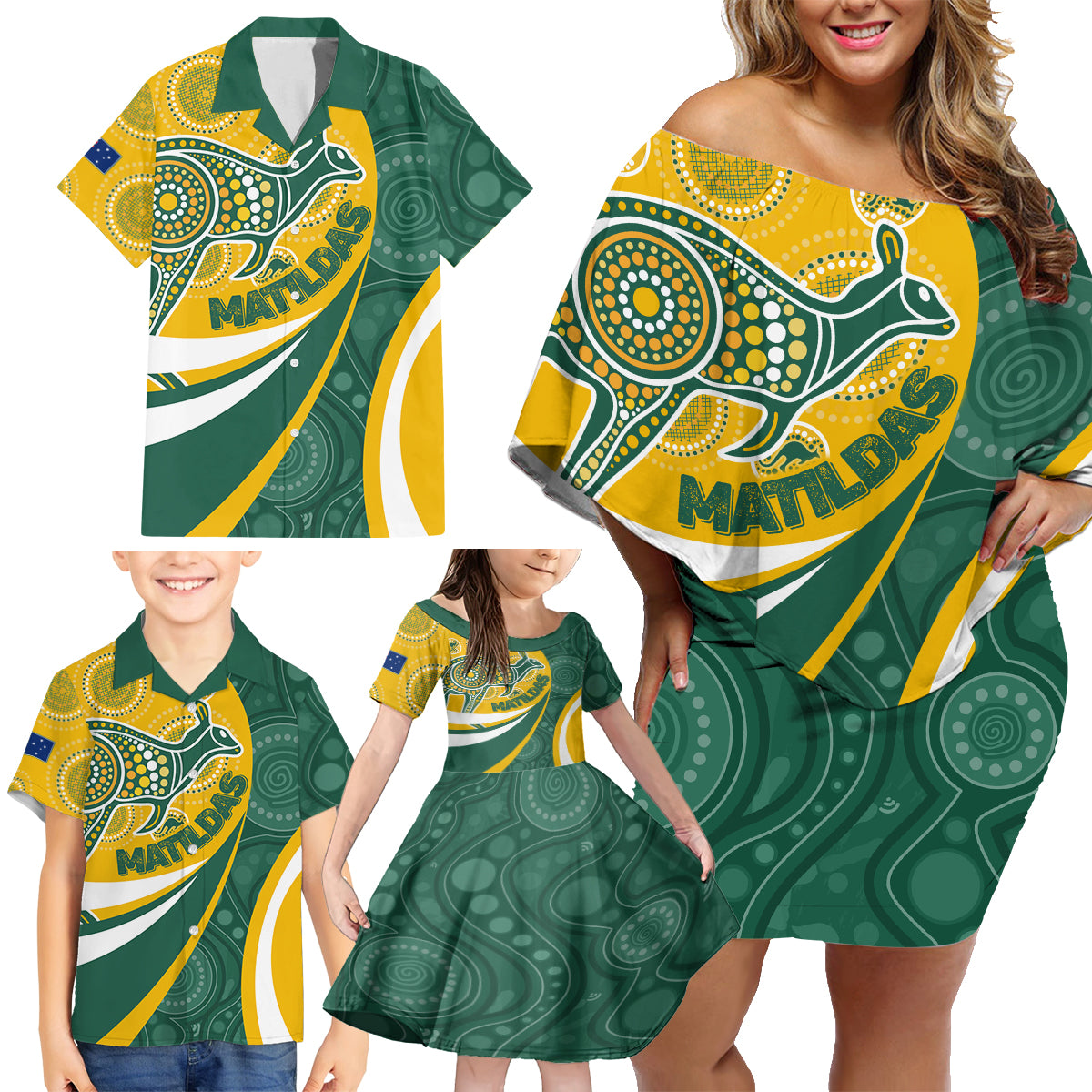 custom-australia-matildas-indigenous-family-matching-off-shoulder-short-dress-and-hawaiian-shirt-go-tilly-special