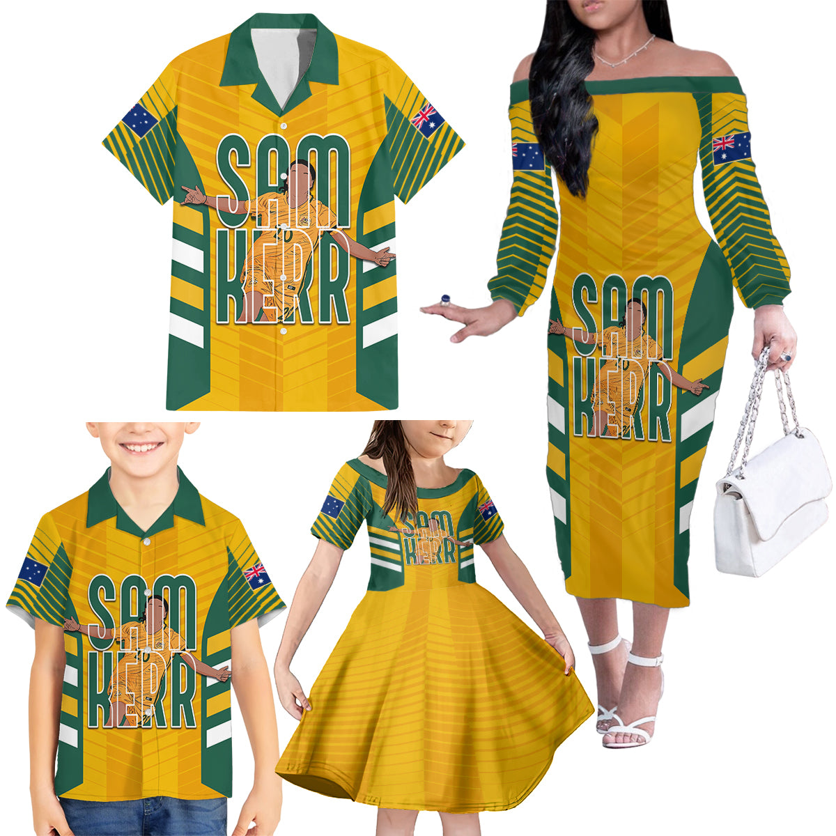 custom-australia-matildas-family-matching-off-shoulder-long-sleeve-dress-and-hawaiian-shirt-sam-kerr-legend