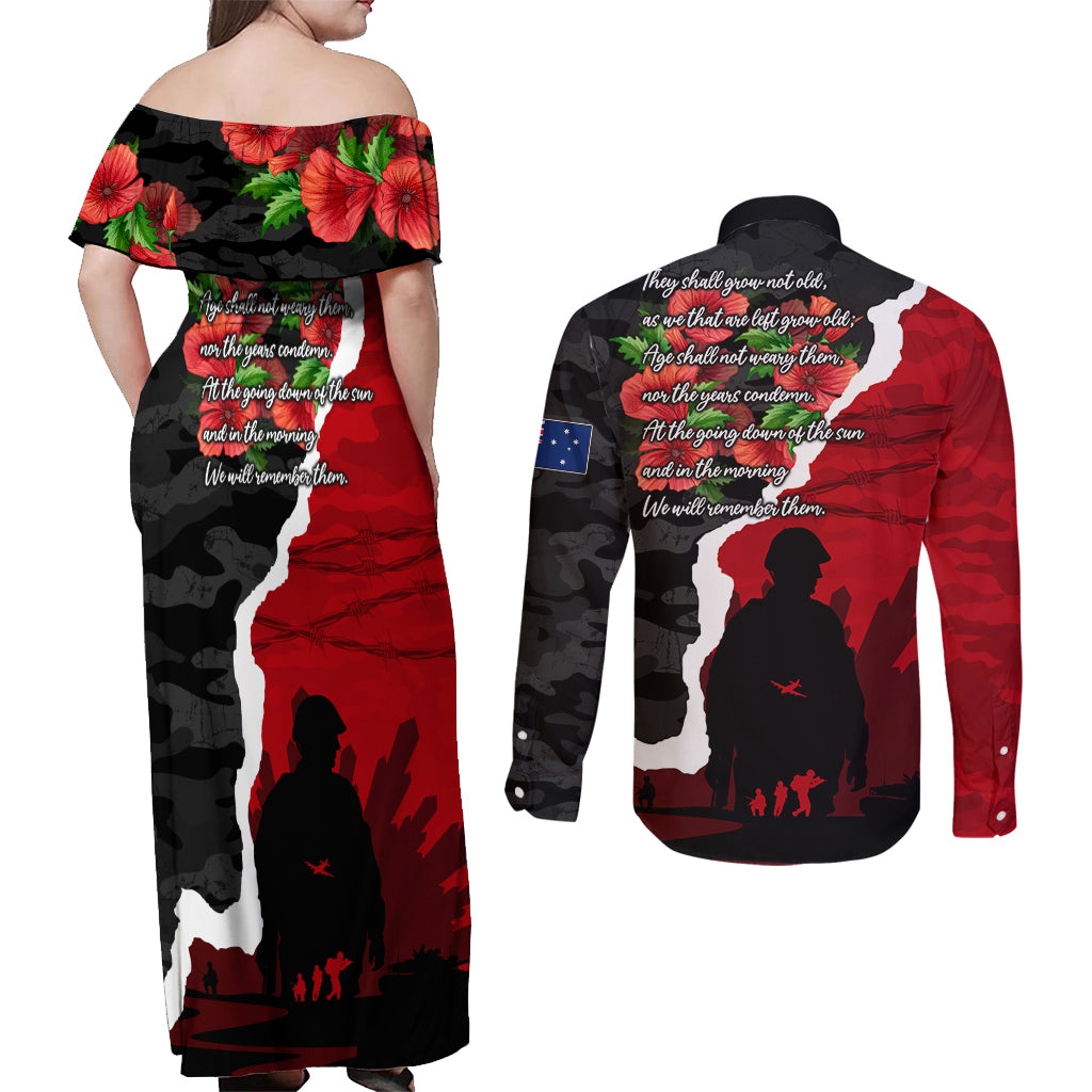Anzac Day Camouflage Couples Matching Off Shoulder Maxi Dress and Long Sleeve Button Shirt Ode of Remembrance