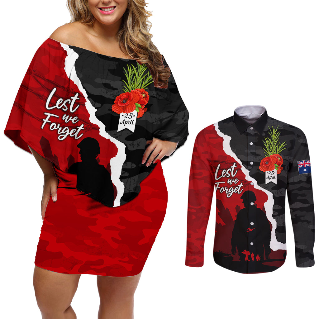 Anzac Day Camouflage Couples Matching Off Shoulder Short Dress and Long Sleeve Button Shirt Ode of Remembrance