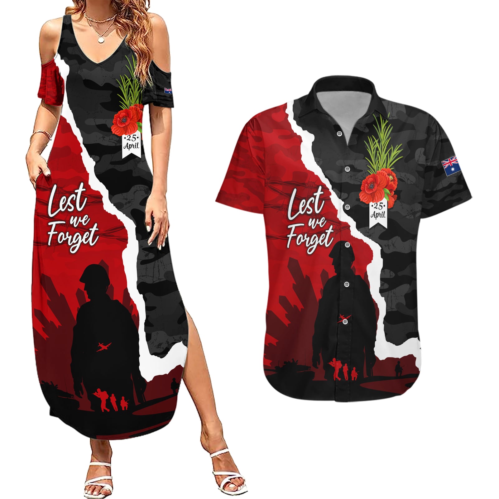 Anzac Day Camouflage Couples Matching Summer Maxi Dress and Hawaiian Shirt Ode of Remembrance