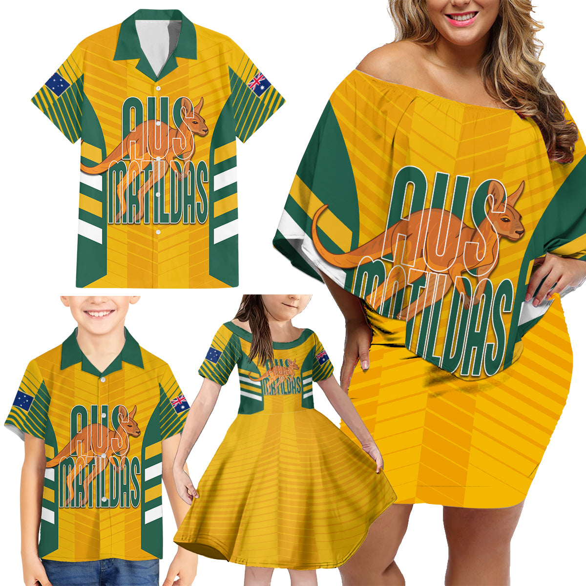 custom-australia-soccer-family-matching-off-shoulder-short-dress-and-hawaiian-shirt-go-matildas-dynamic-national-colors