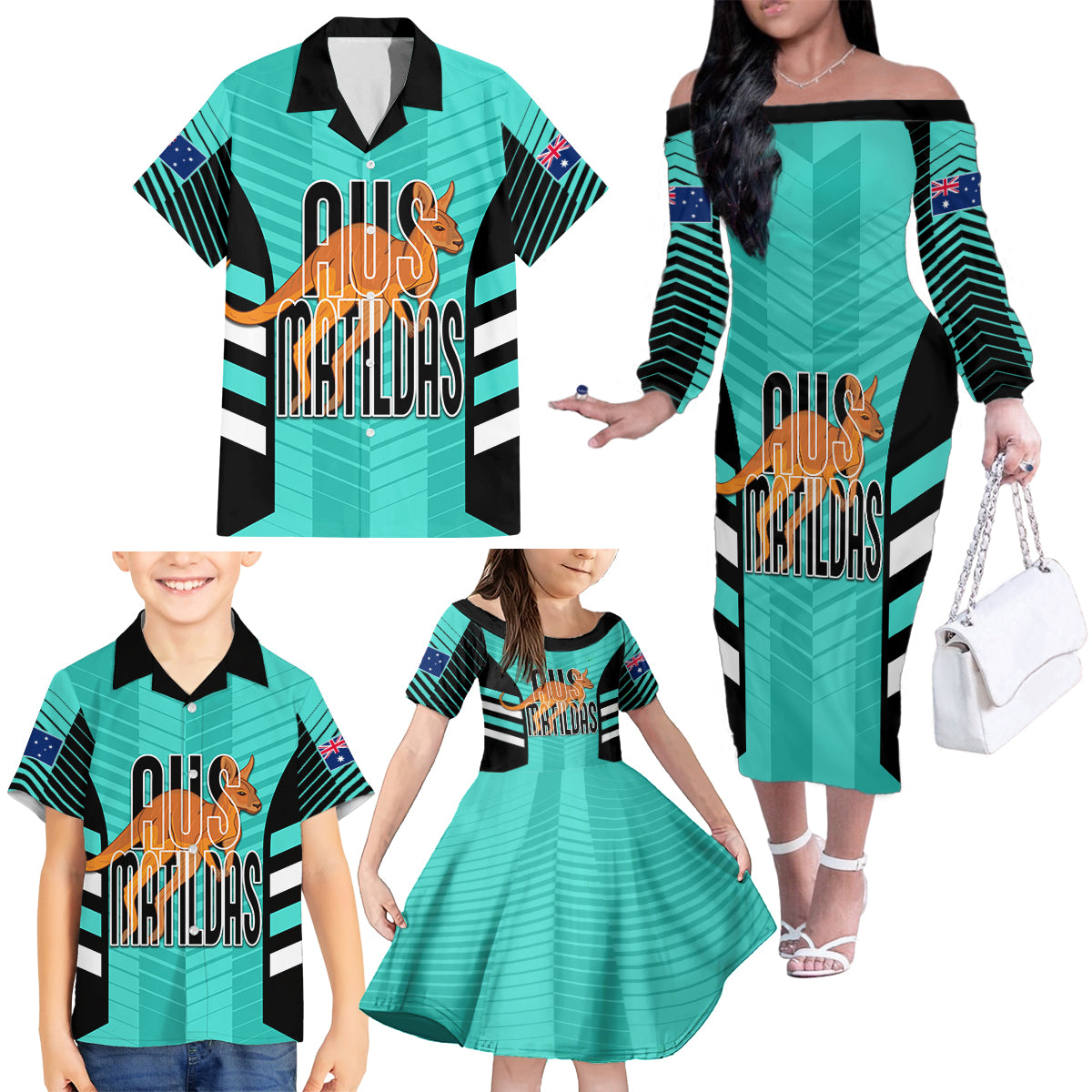 custom-australia-soccer-family-matching-off-shoulder-long-sleeve-dress-and-hawaiian-shirt-go-matildas-dynamic-turquoise