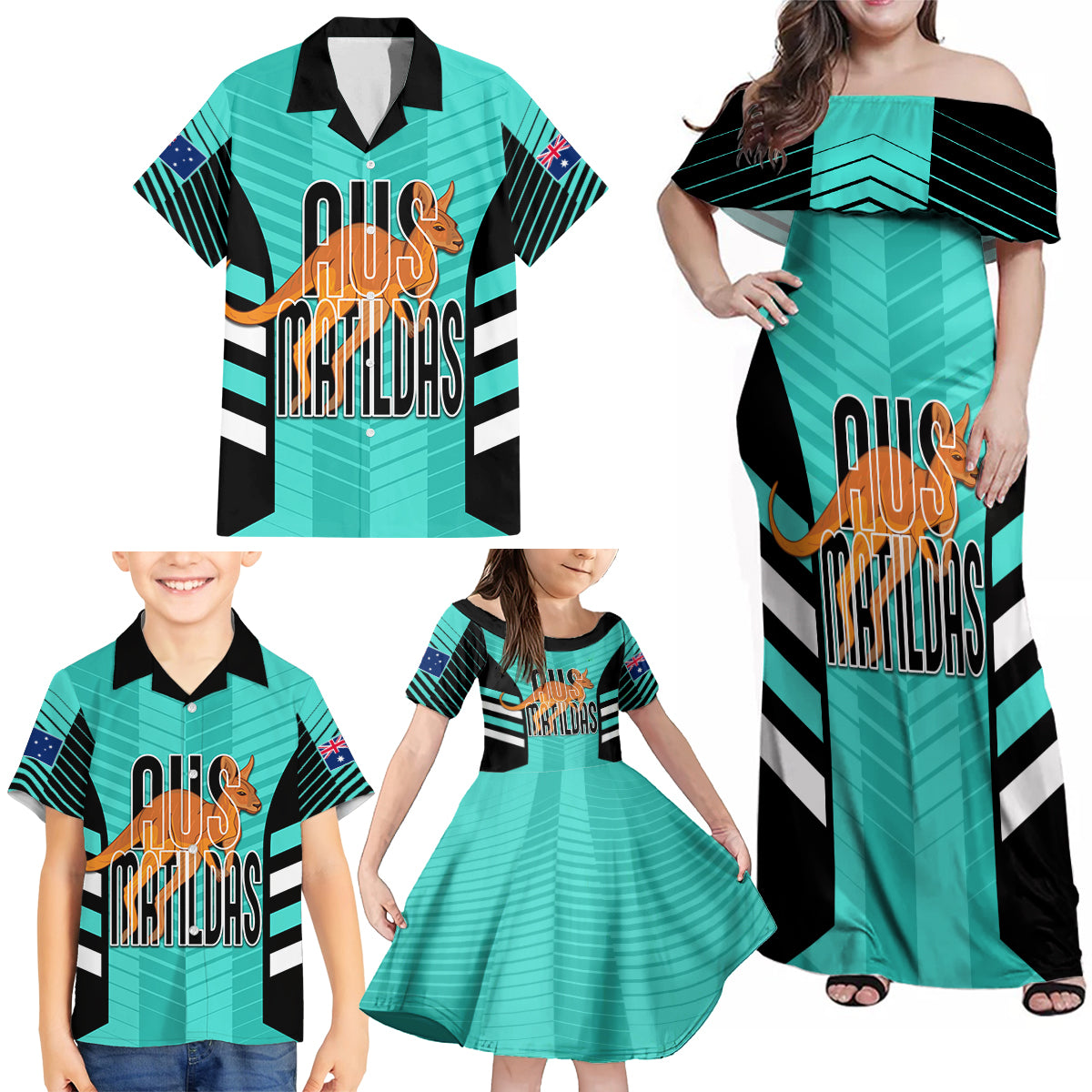 custom-australia-soccer-family-matching-off-shoulder-maxi-dress-and-hawaiian-shirt-go-matildas-dynamic-turquoise